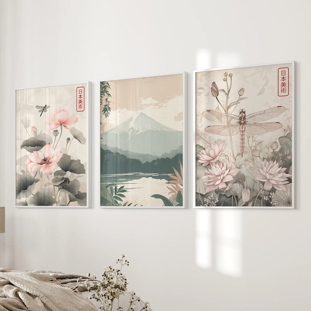 Japandi Style Set of 3 Wall Art. Floral and Mountain Prints
