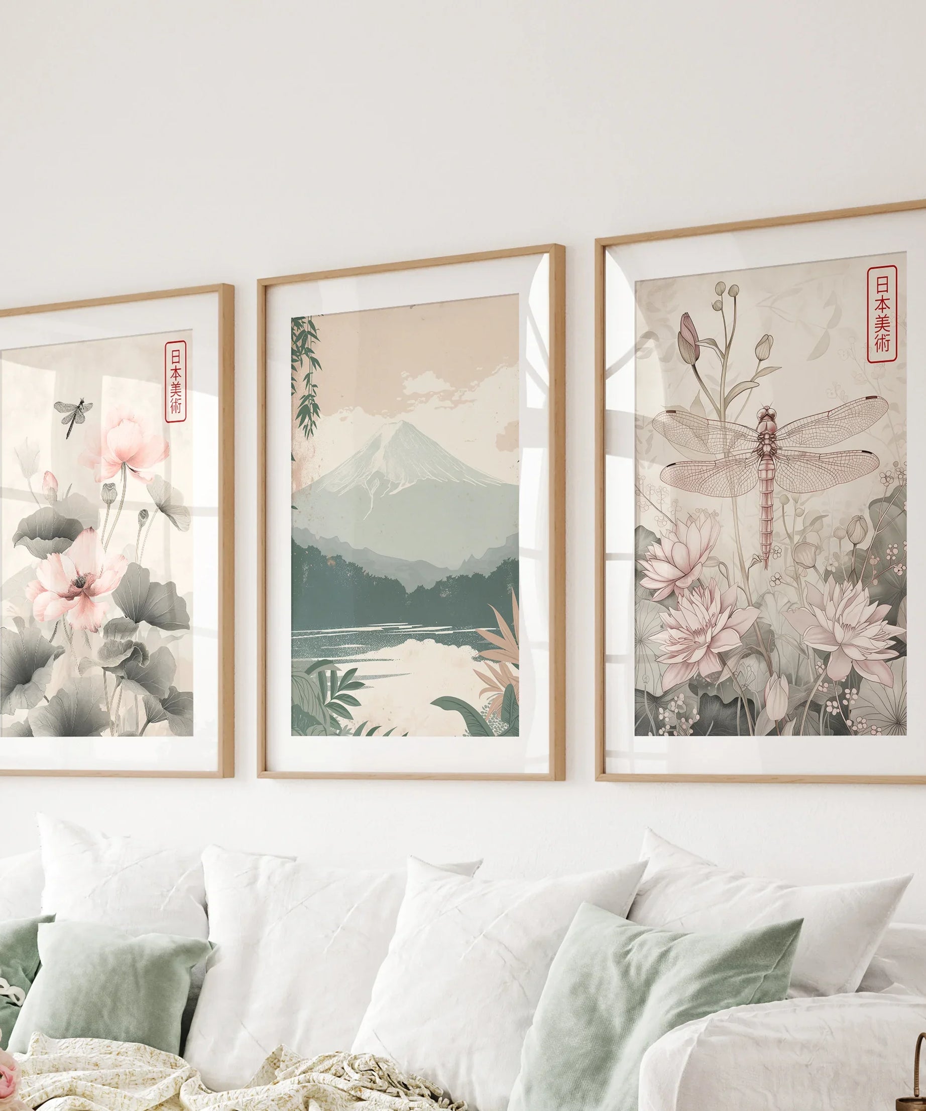 Japandi Style Set of 3 Wall Art. Floral and Mountain Prints