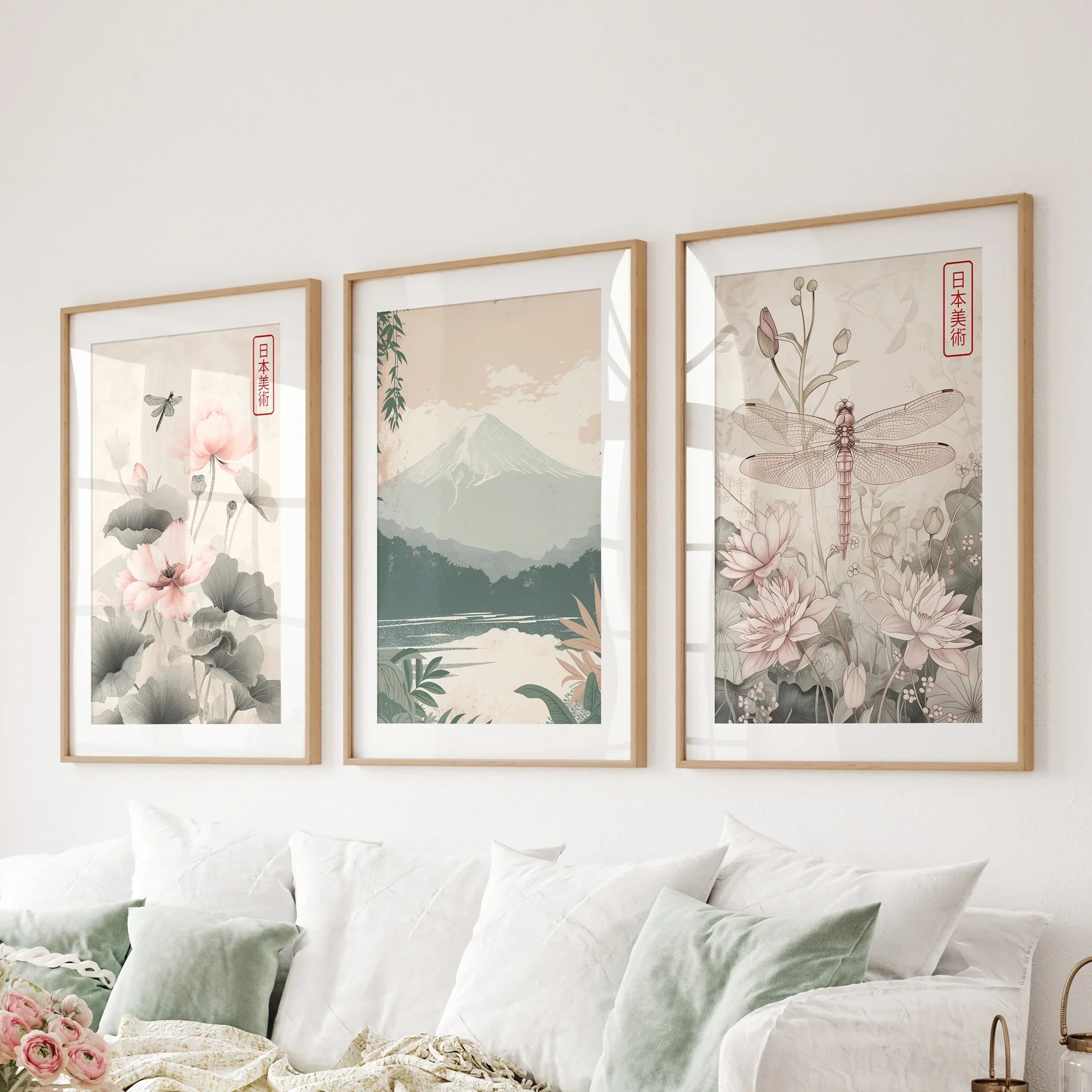 Japandi Style Set of 3 Wall Art. Floral and Mountain Prints