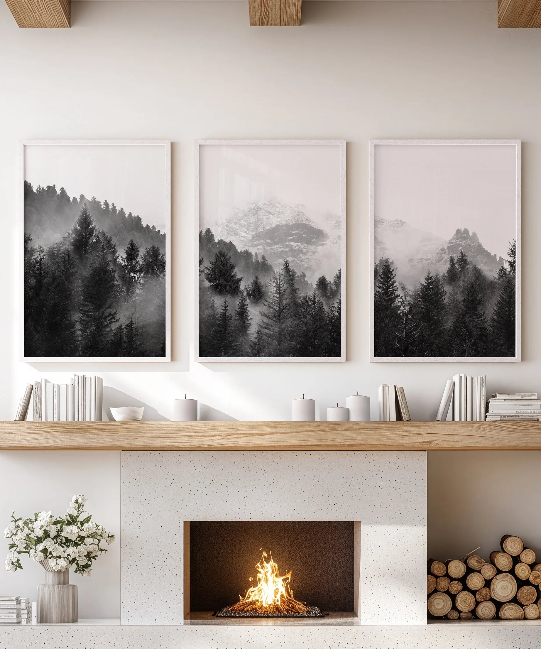Black White Forest Triptych. Misty Mountains Nature Posters