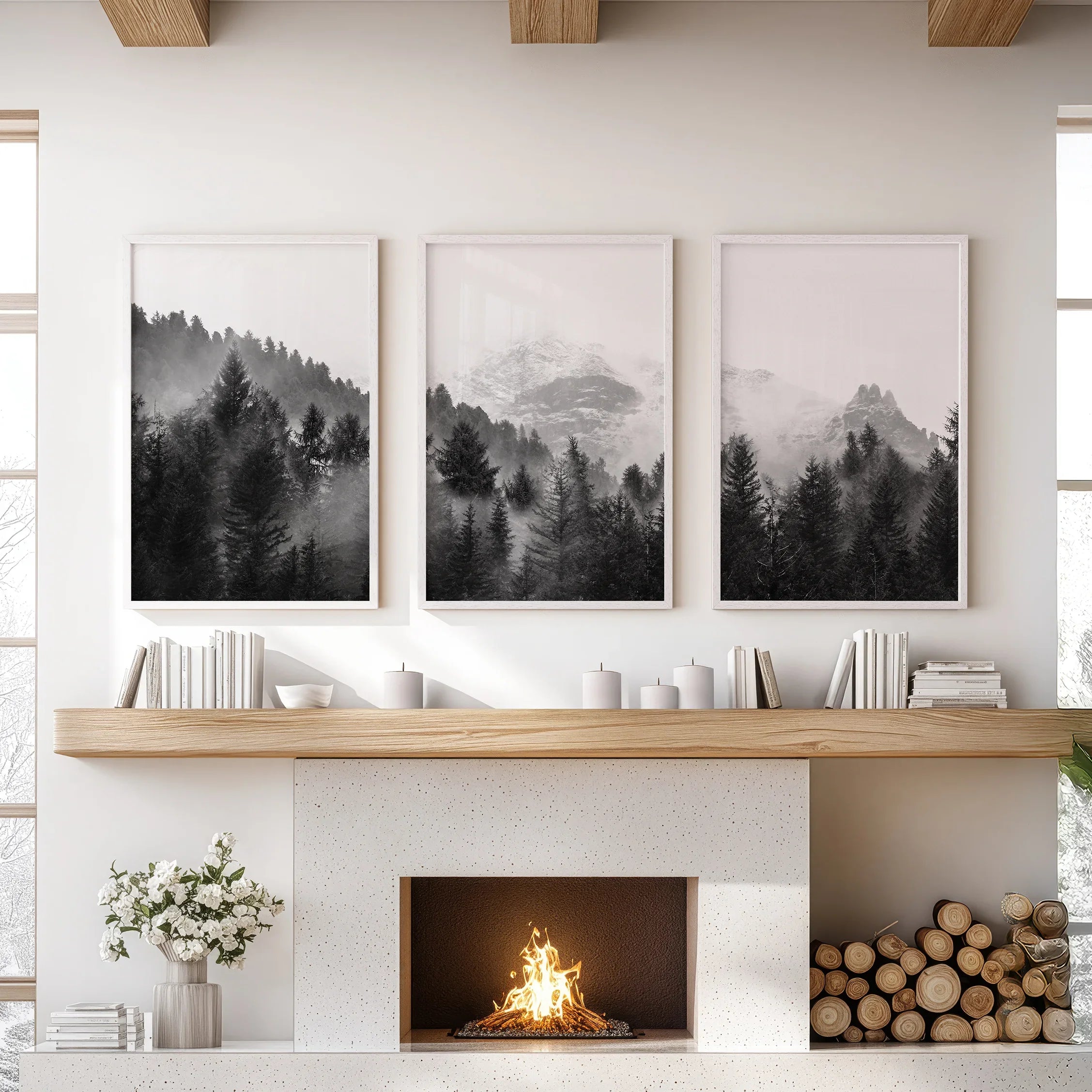 Black White Forest Triptych. Misty Mountains Nature Posters