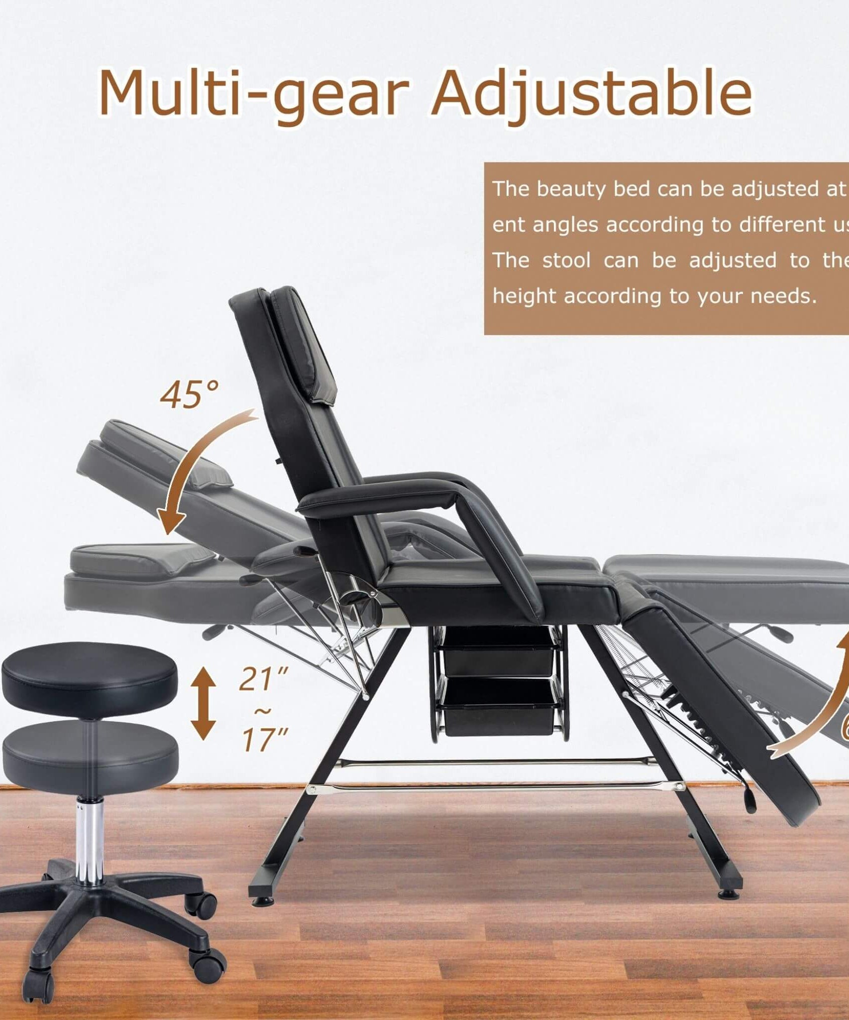 Multi-Purpose 3-Section Adjustable Massage Tattoo Chair With Stool (SAK35617)
