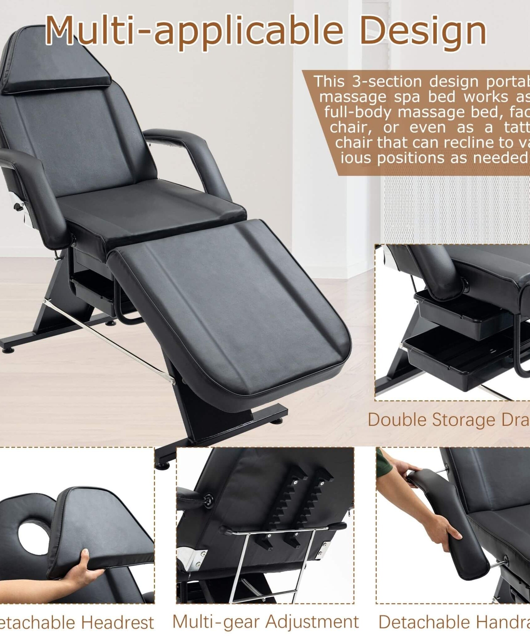 Multi-Purpose 3-Section Adjustable Massage Tattoo Chair With Stool (SAK35617)