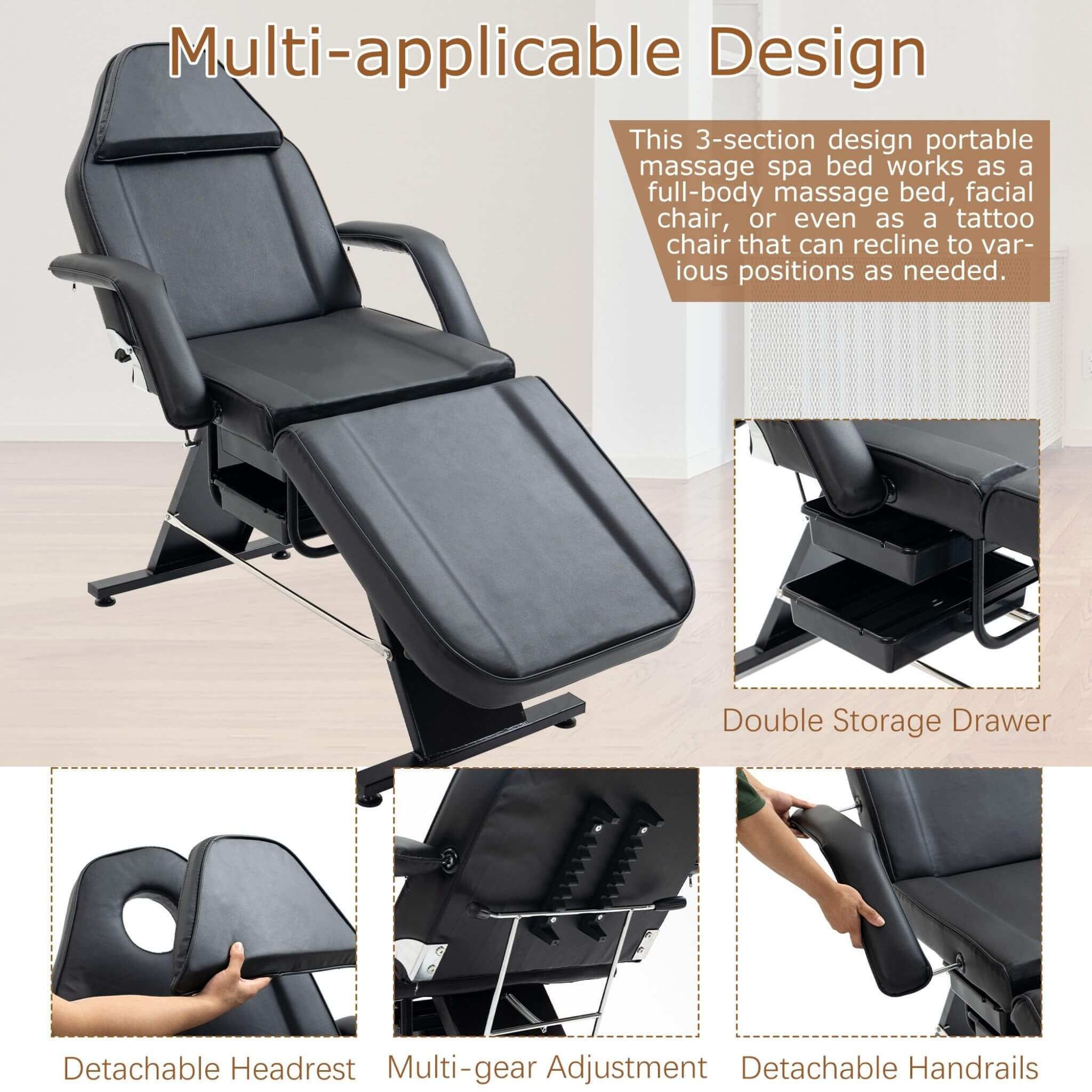 Multi-Purpose 3-Section Adjustable Massage Tattoo Chair With Stool (SAK35617)
