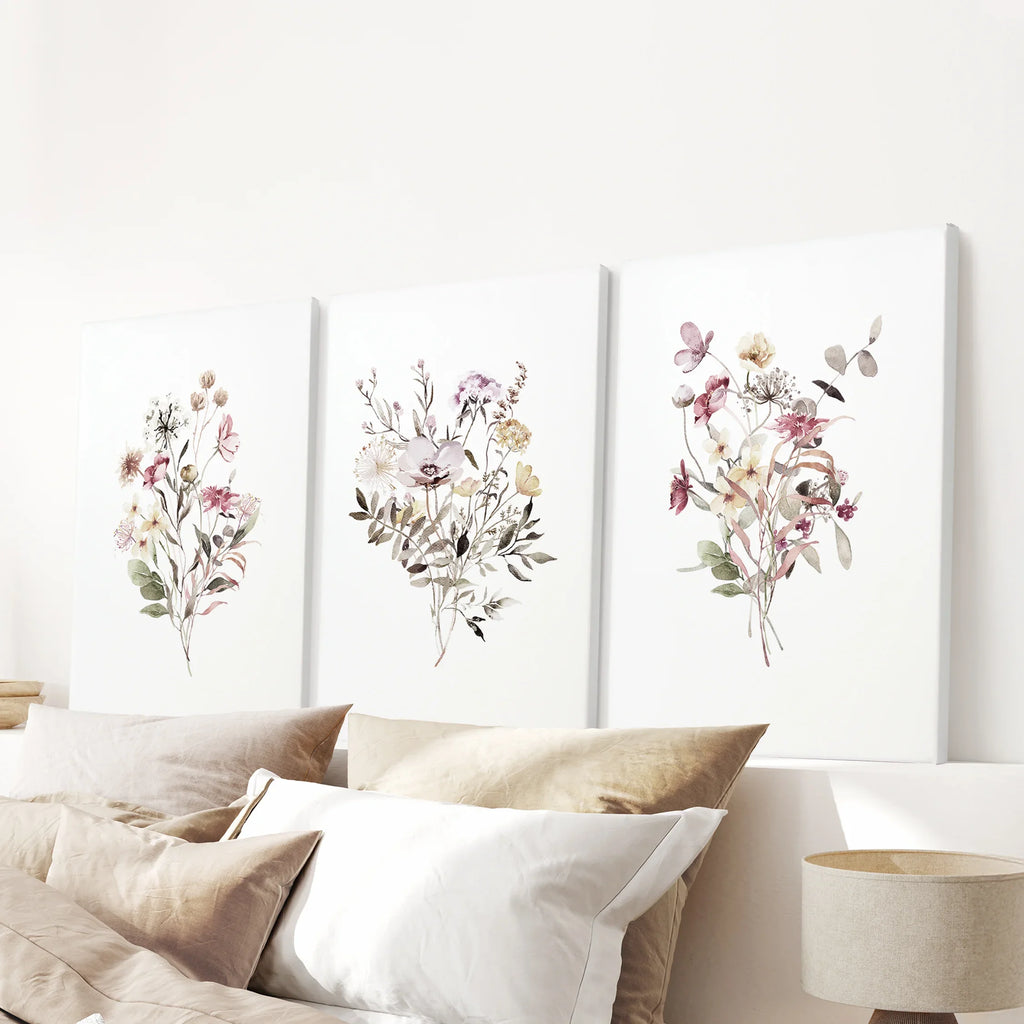Floral Art Set of 3. Watercolor Wildflower Bouquet Prints