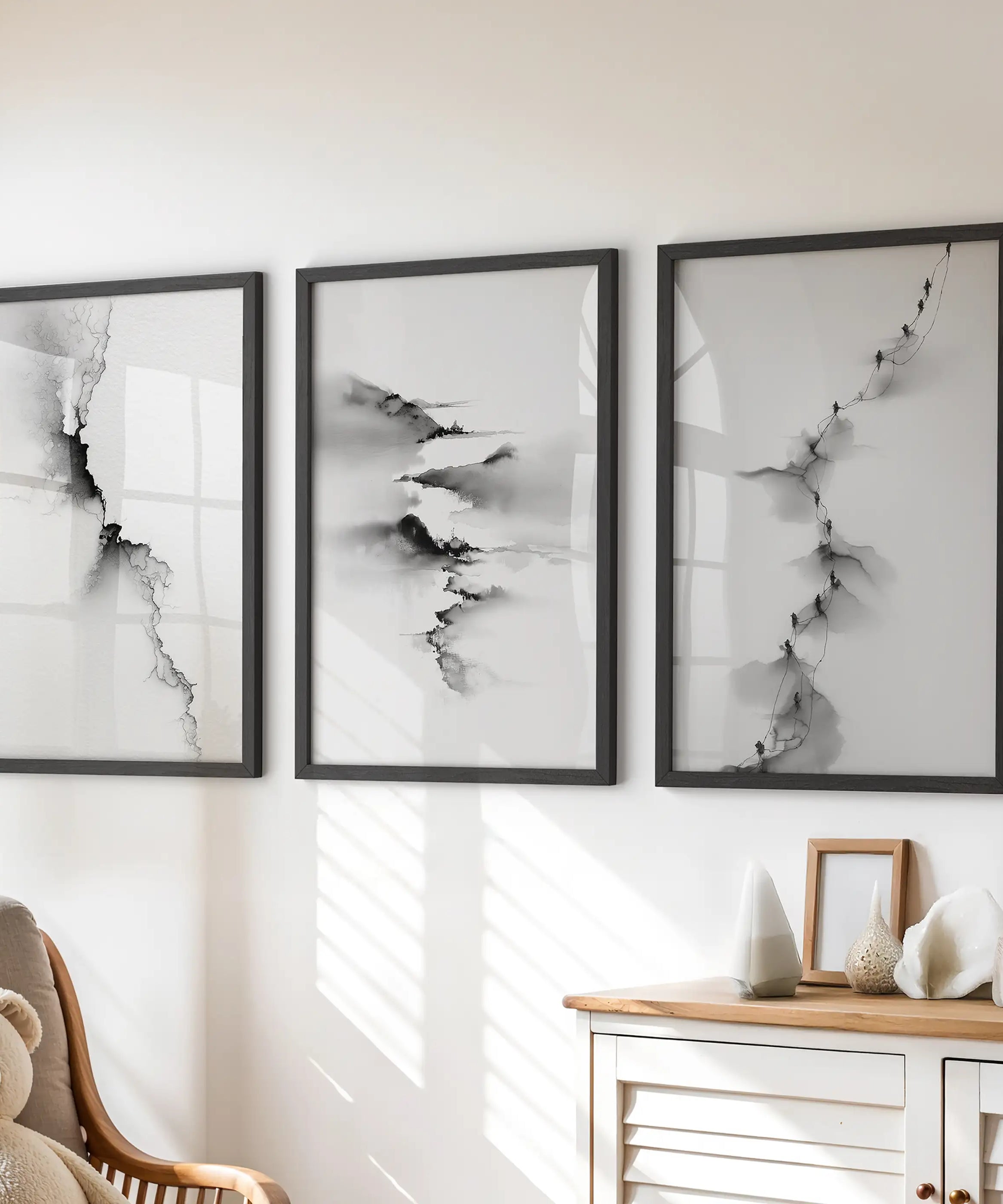 Abstract Mountain 3 Piece Wall Art. Black White Minimalist