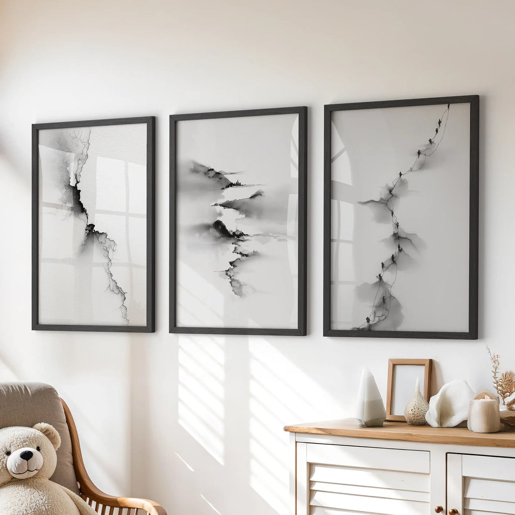 Abstract Mountain 3 Piece Wall Art. Black White Minimalist