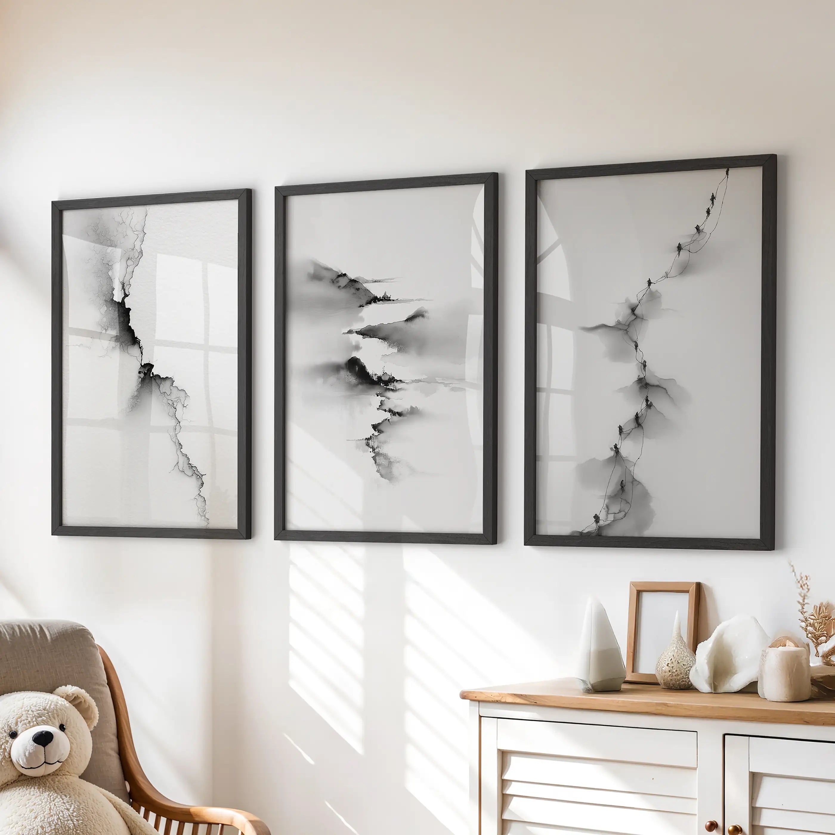 Abstract Mountain 3 Piece Wall Art. Black White Minimalist
