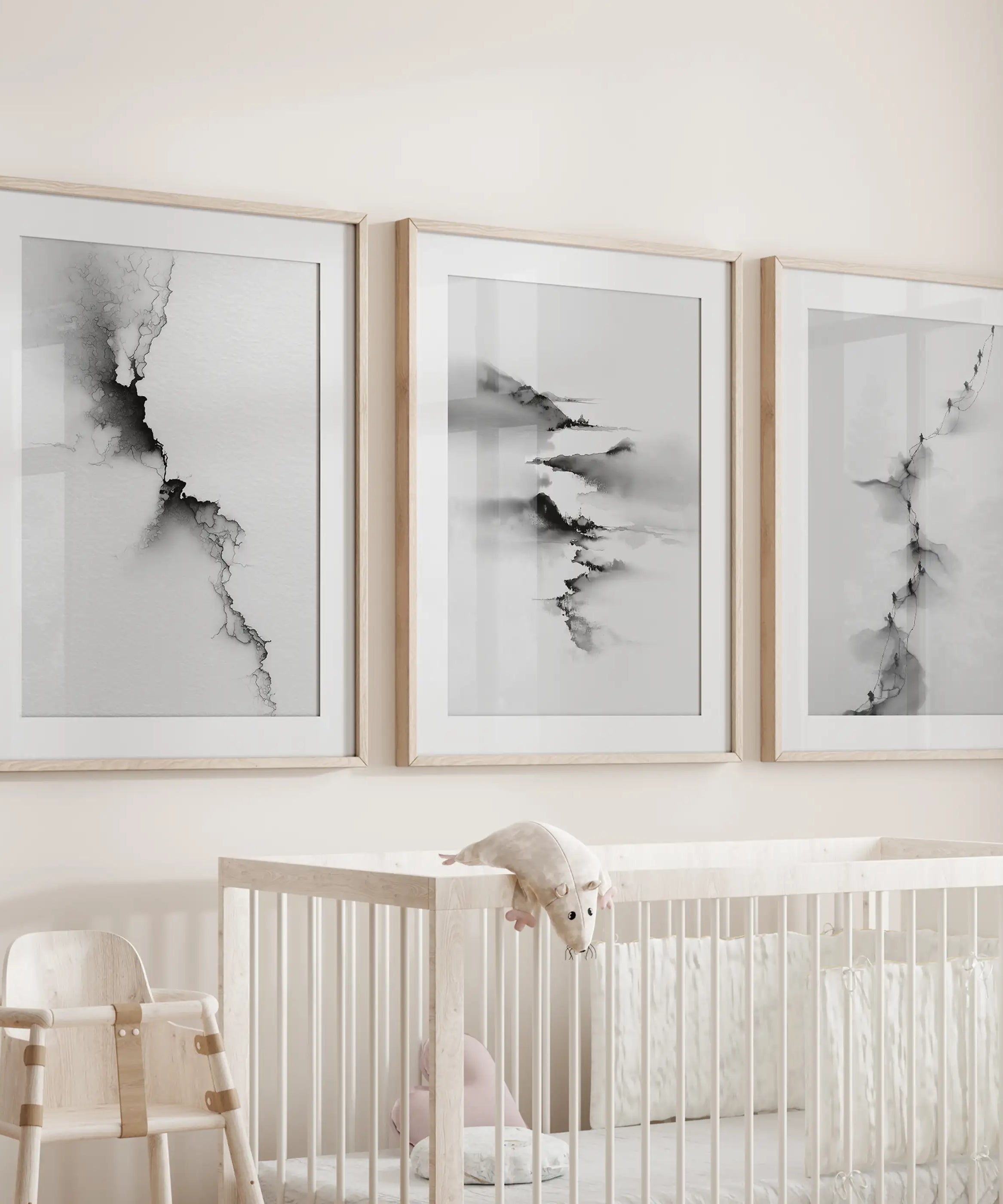 Abstract Mountain 3 Piece Wall Art. Black White Minimalist
