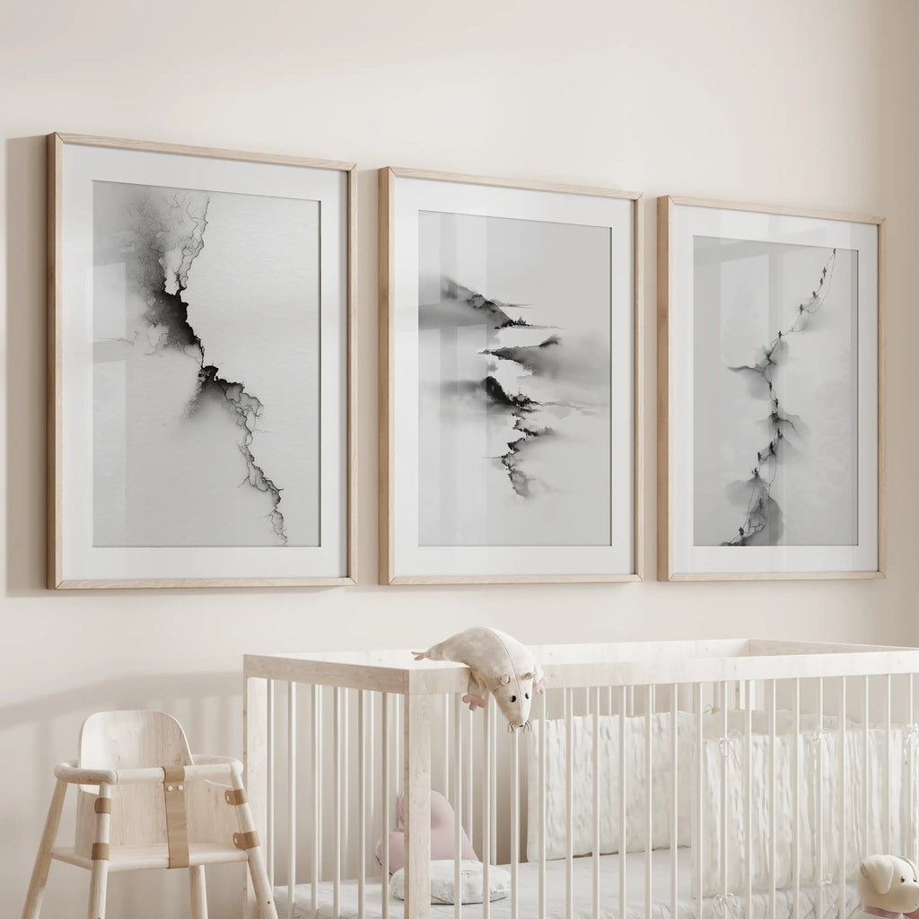 Abstract Mountain 3 Piece Wall Art. Black White Minimalist