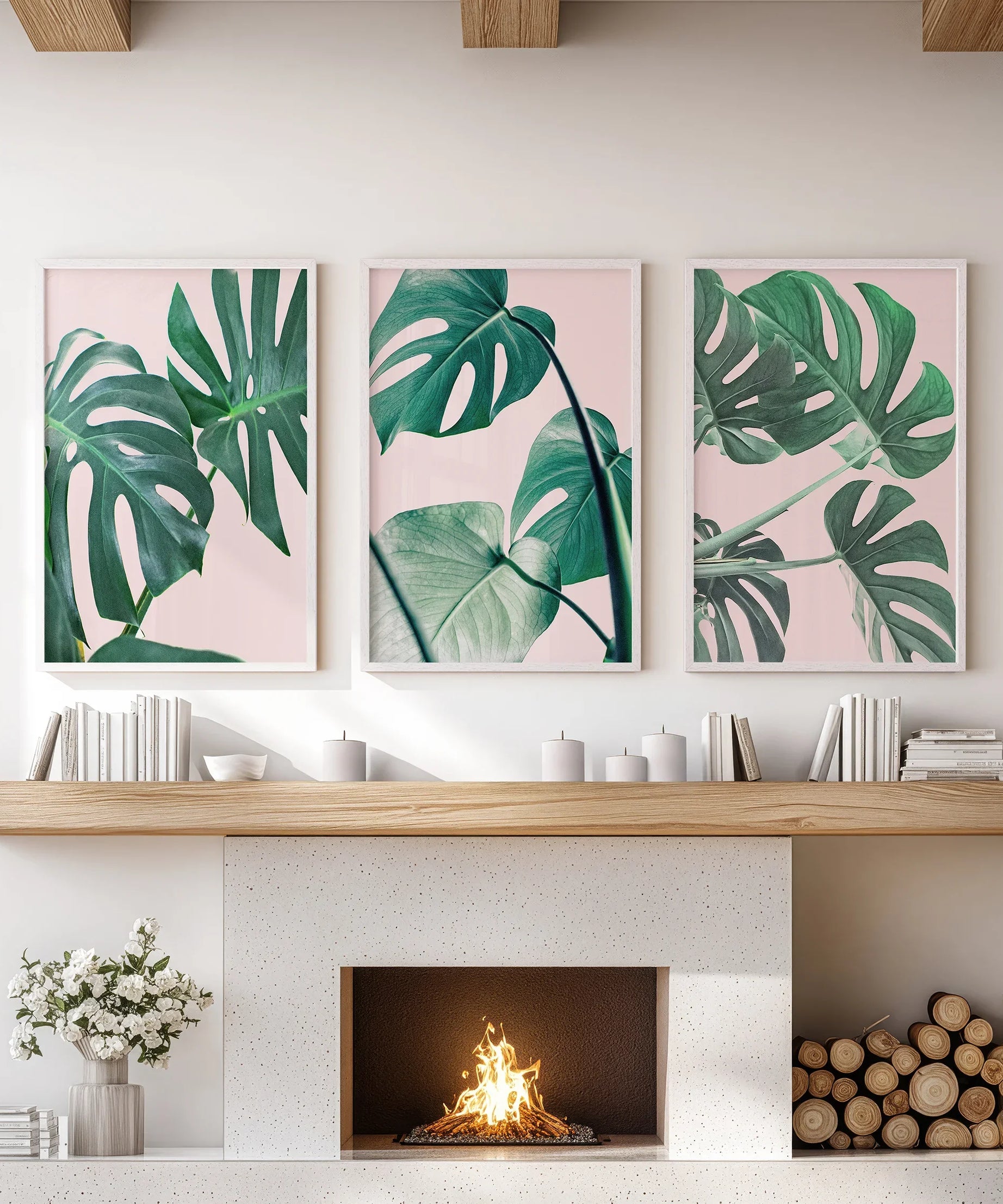 Pink Botanical 3 Piece Wall Art. Green Monstera Leaves Print