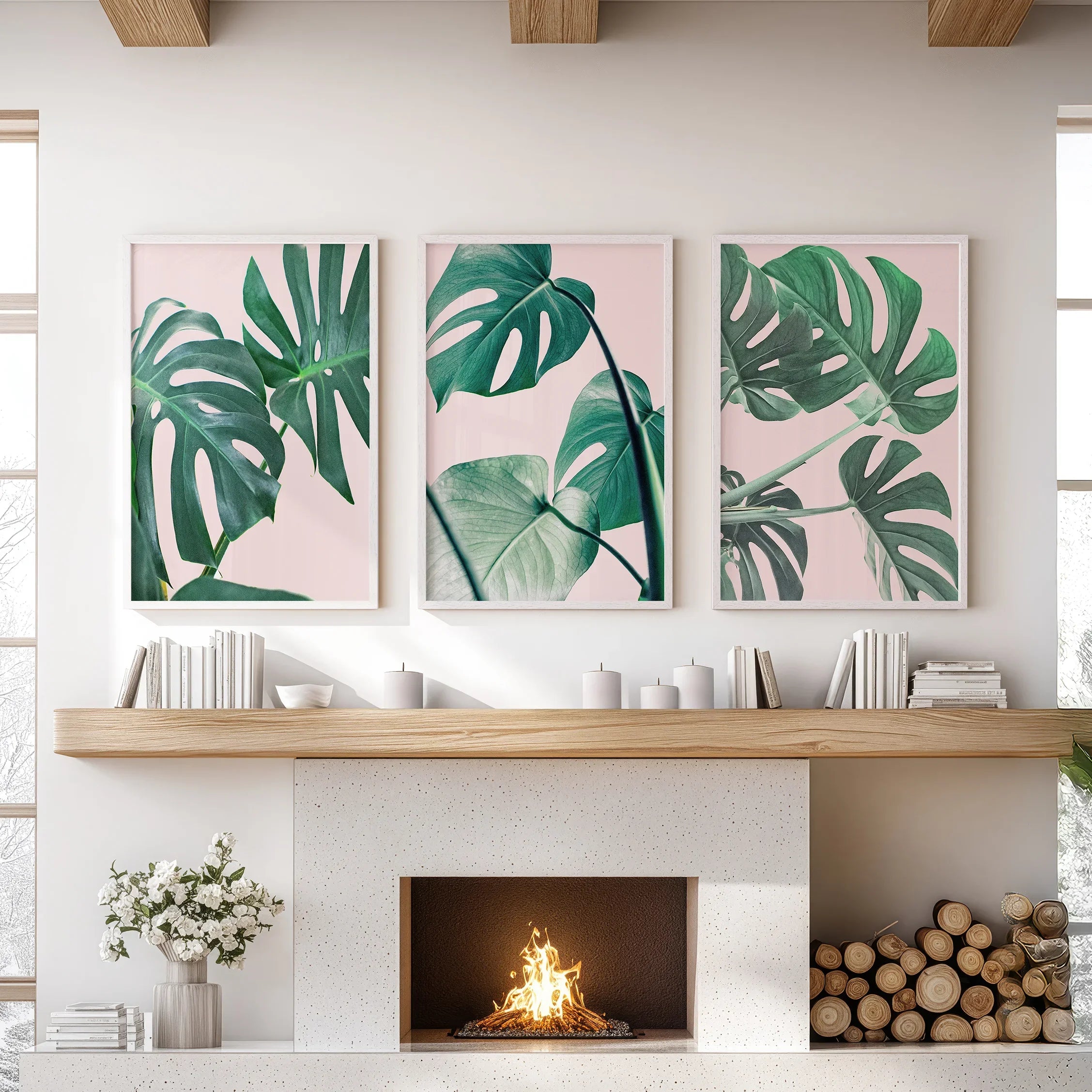 Pink Botanical 3 Piece Wall Art. Green Monstera Leaves Print