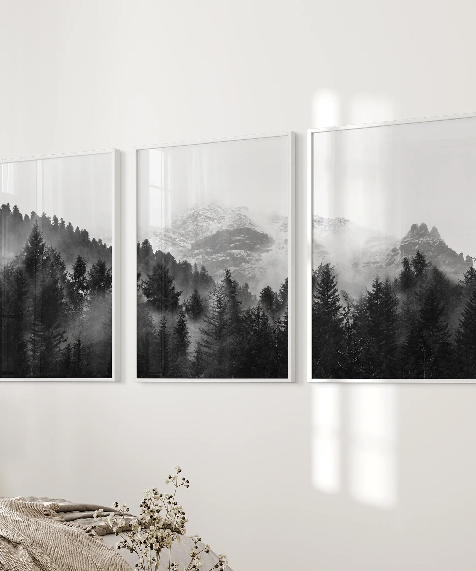 Black White Forest Triptych. Misty Mountains Nature Posters