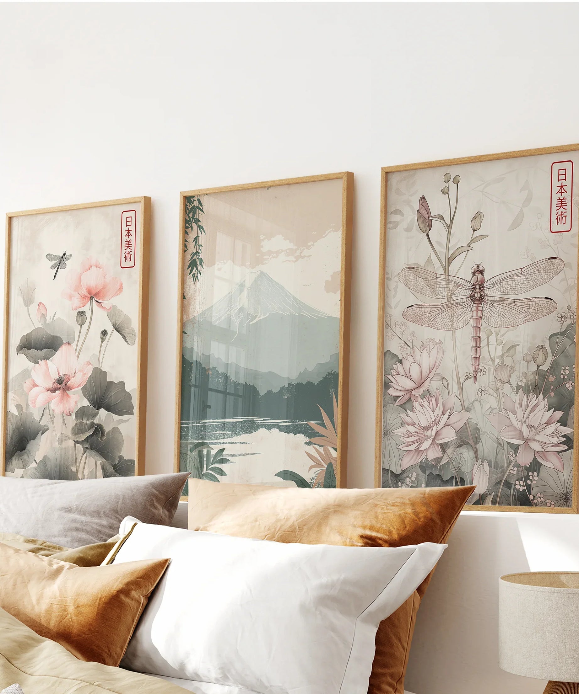 Japandi Style Set of 3 Wall Art. Floral and Mountain Prints