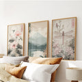 Japandi Style Set of 3 Wall Art. Floral and Mountain Prints