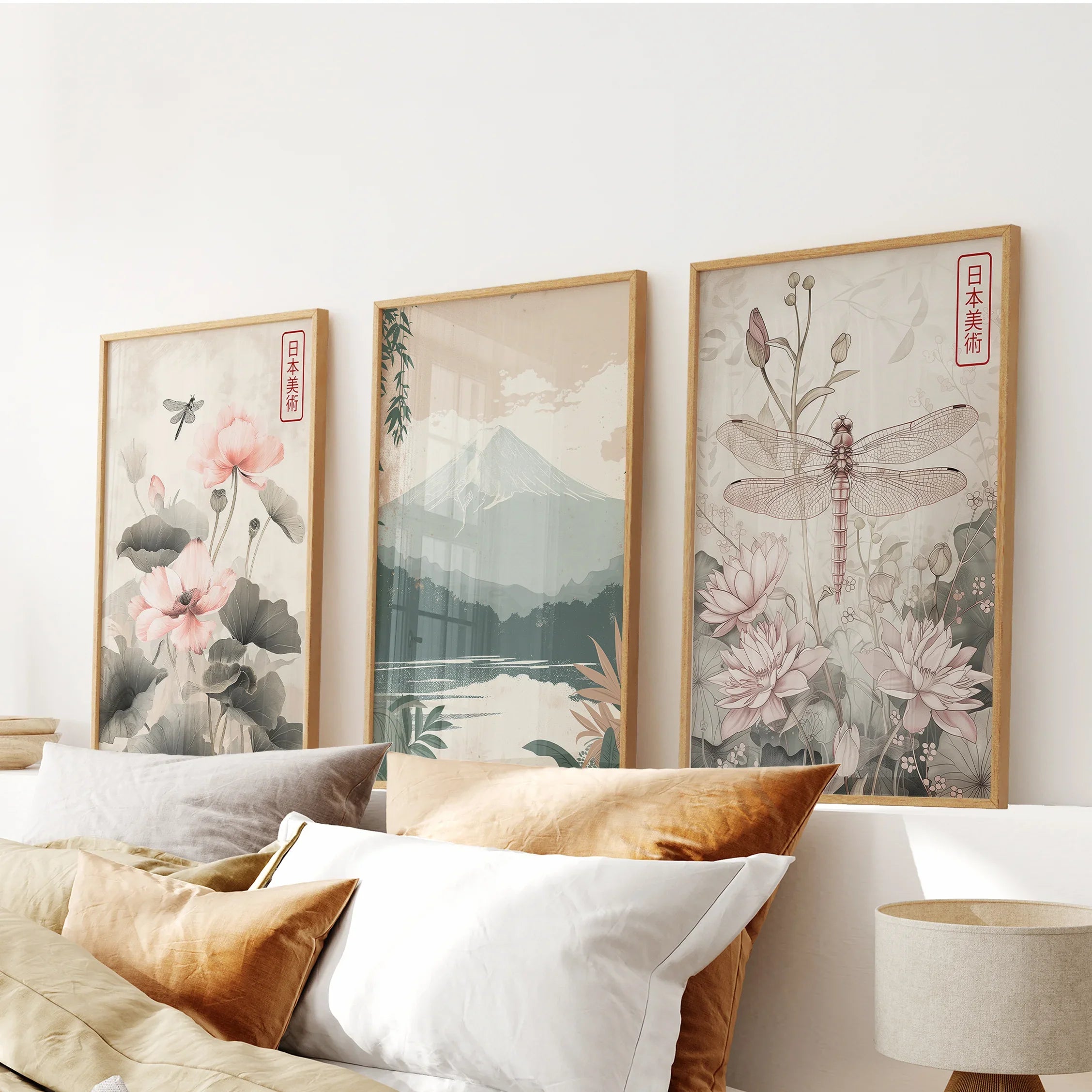 Japandi Style Set of 3 Wall Art. Floral and Mountain Prints