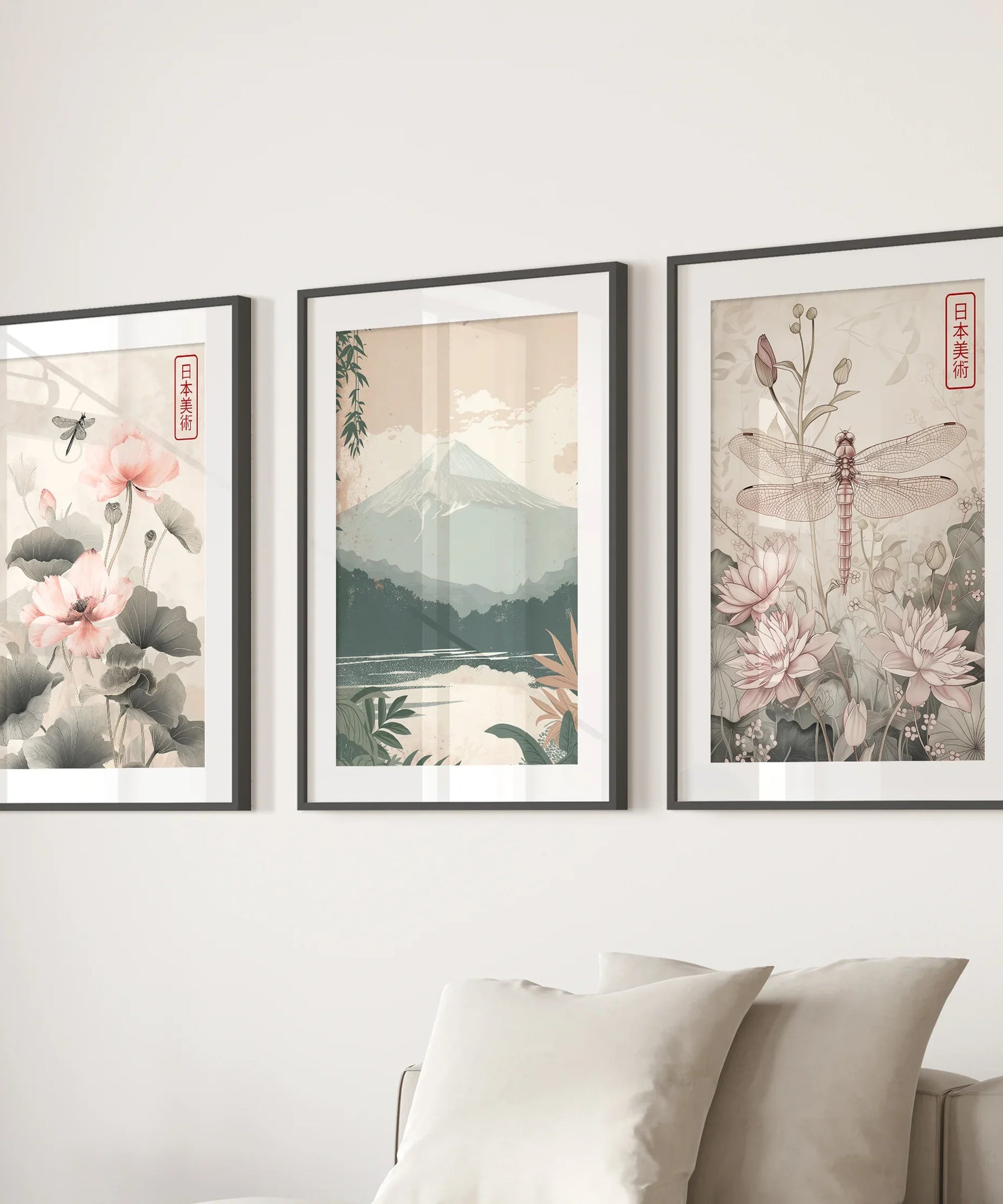 Japandi Style Set of 3 Wall Art. Floral and Mountain Prints