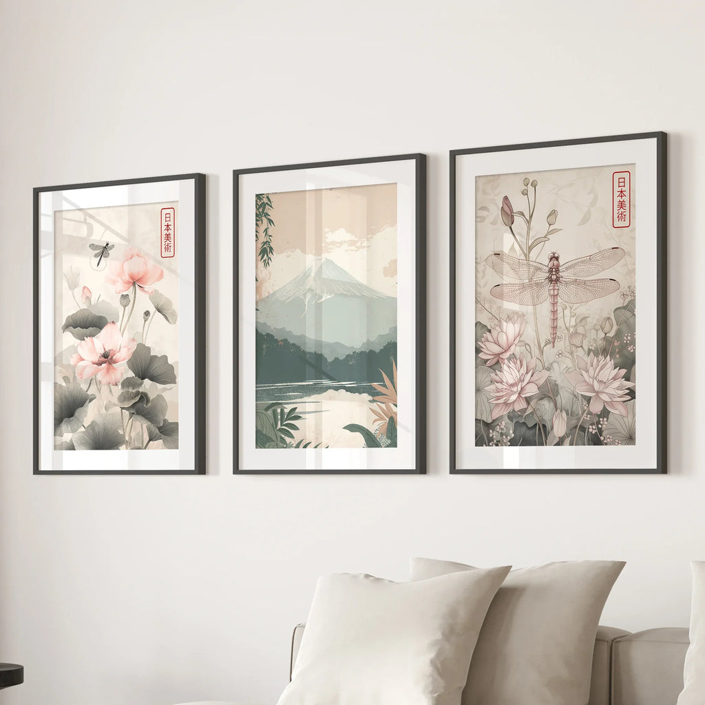 Japandi Style Set of 3 Wall Art. Floral and Mountain Prints