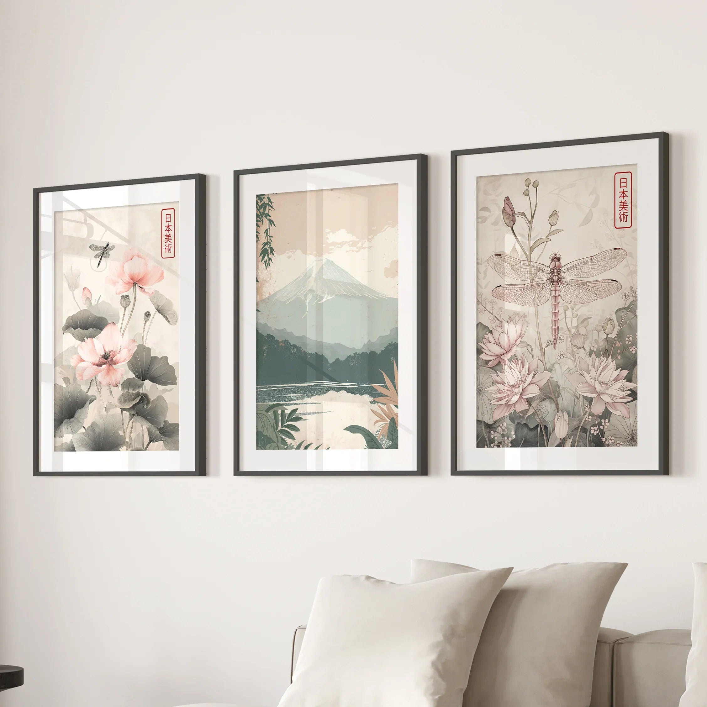 Japandi Style Set of 3 Wall Art. Floral and Mountain Prints