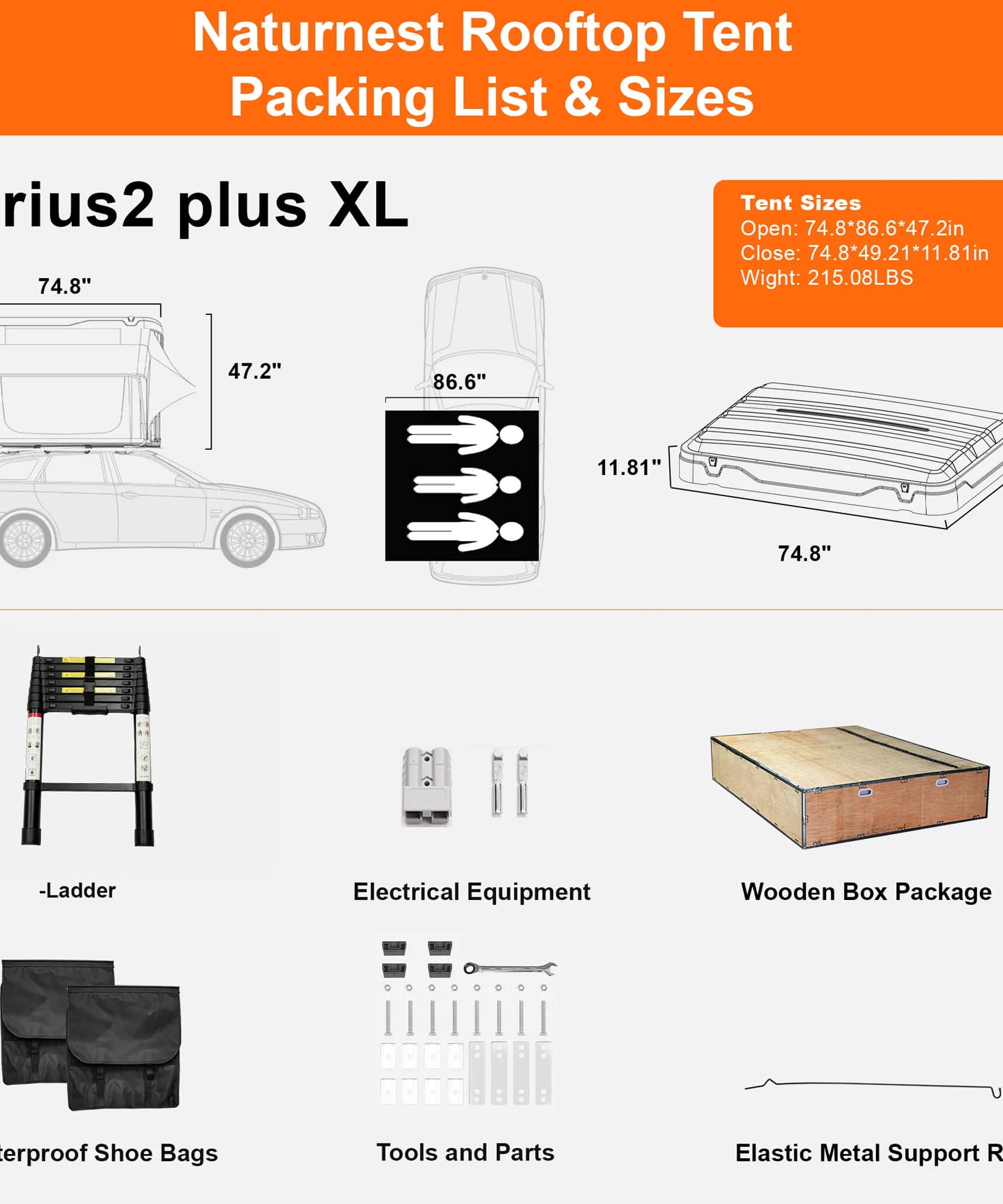 Naturnest Sirius 2 Plus XL Premium 4-Person Clamshell Rooftop Tent (SAK74092)