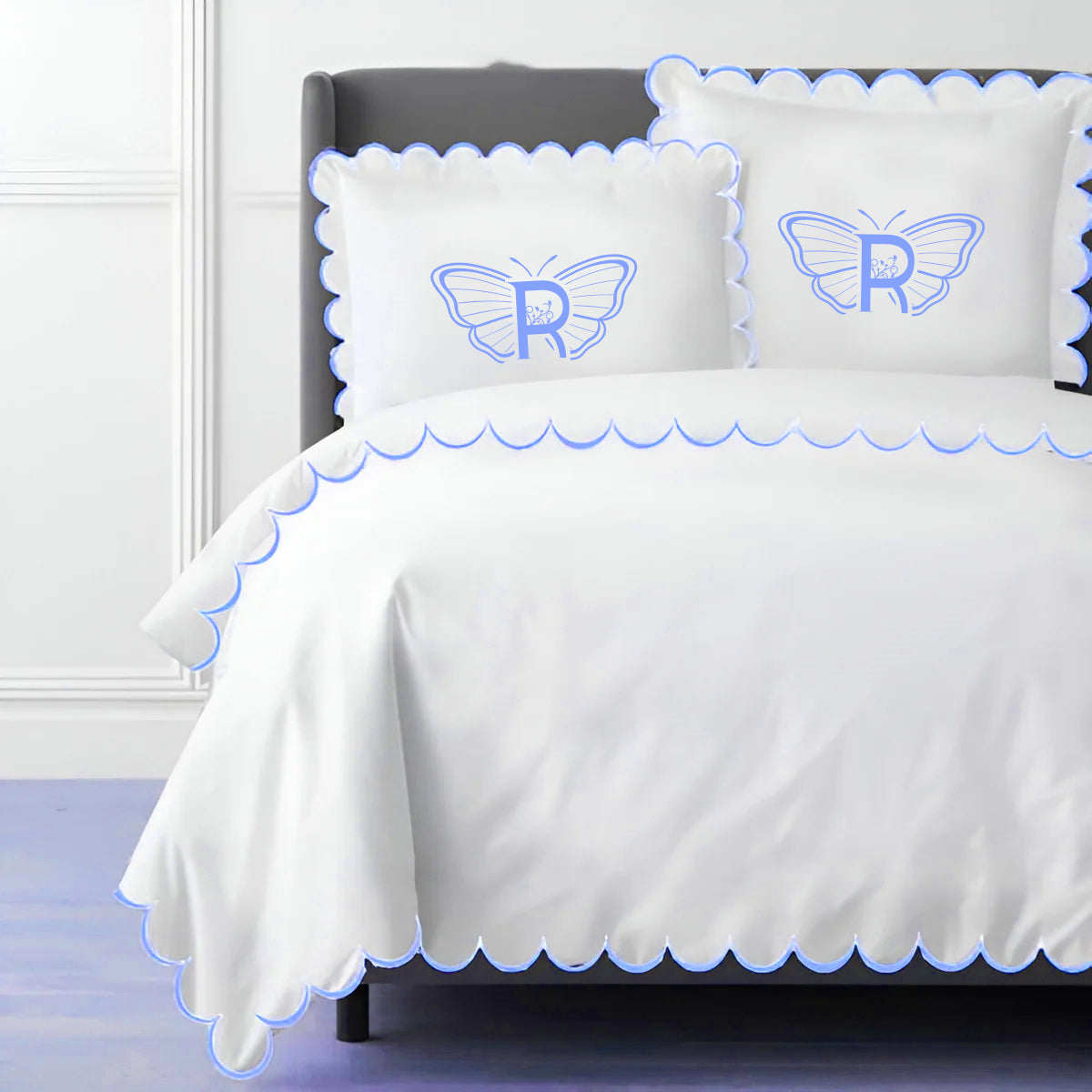 Monogram Allena 400TC Cotton Scallop Embroidery Sateen Solid Duvet Cover Set