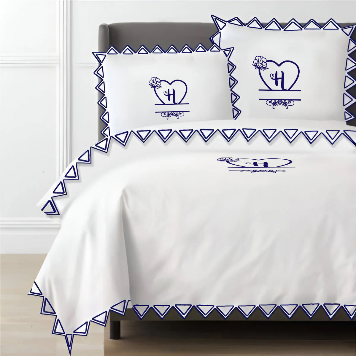 Monogram Ashley 400TC Cotton Traingle Embroidery Sateen Solid Duvet Cover Set