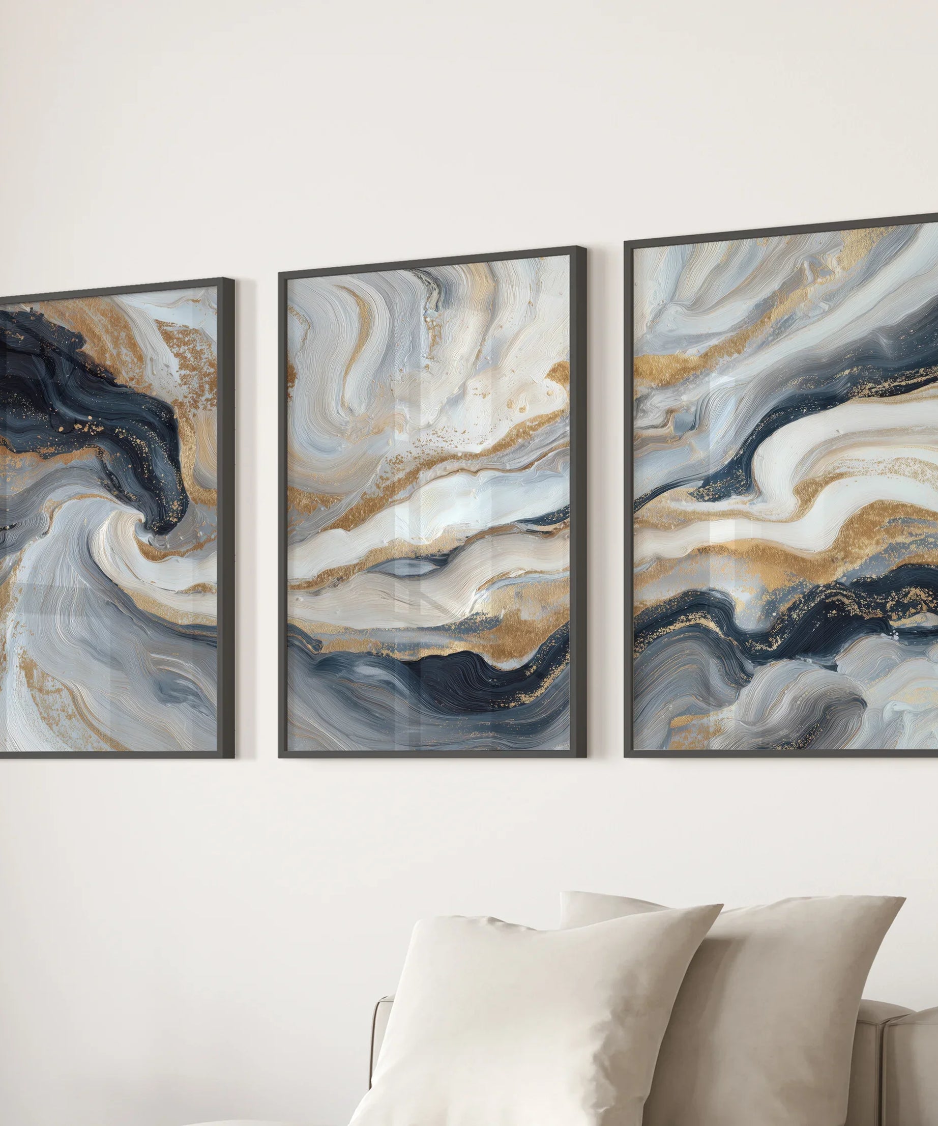 3 Piece Modern Abstract Marble Wall Art: Navy Blue and Gold