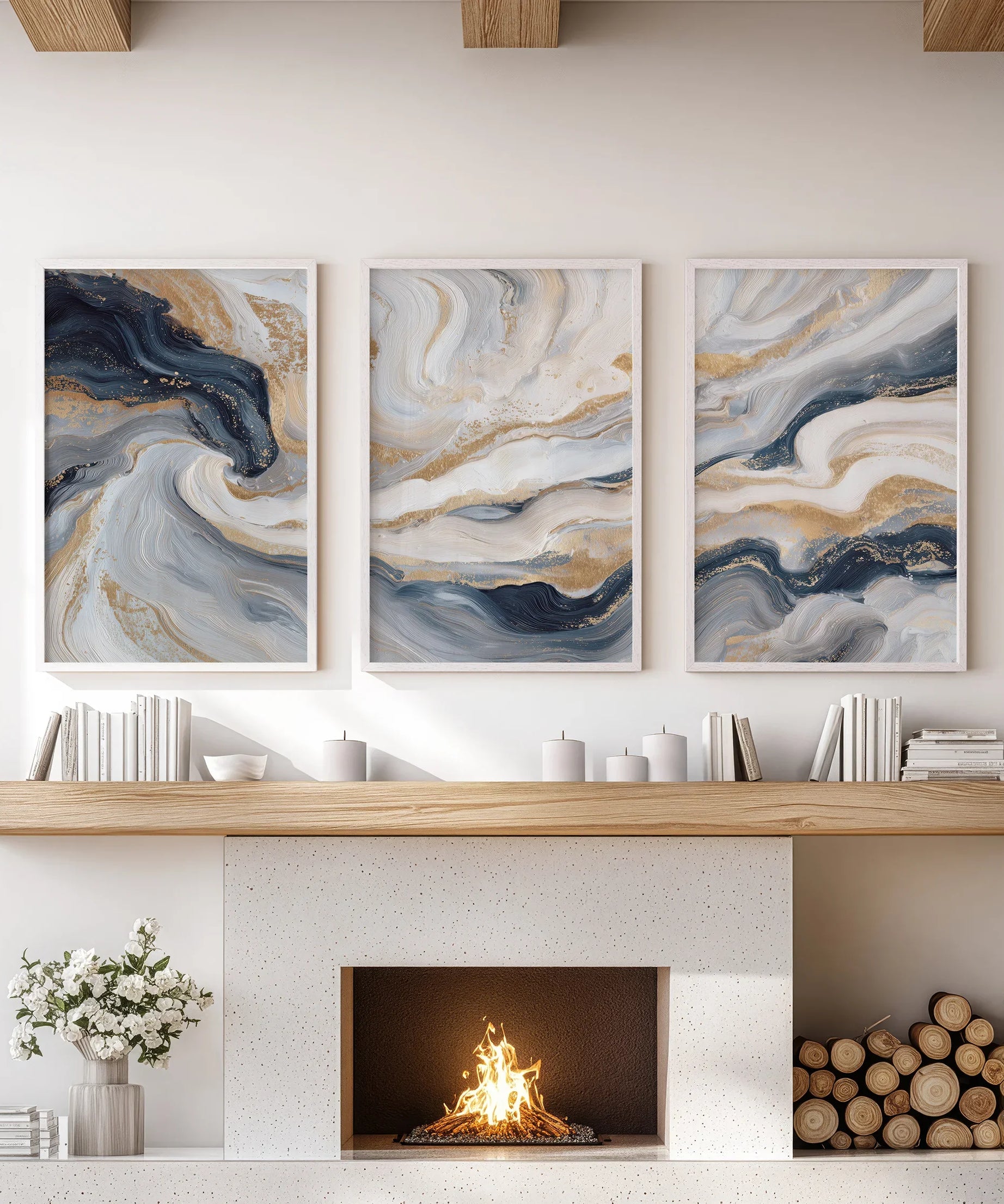 3 Piece Modern Abstract Marble Wall Art: Navy Blue and Gold