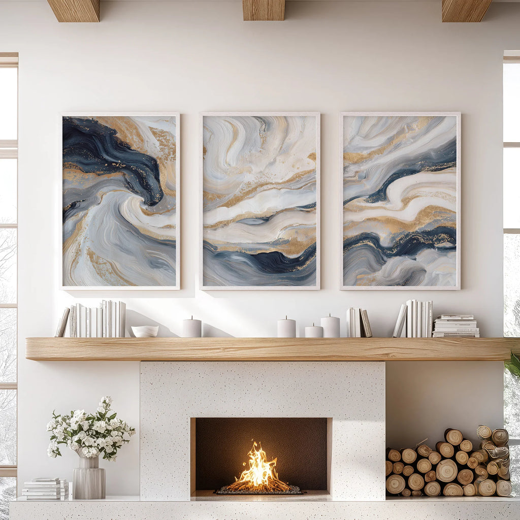 3 Piece Modern Abstract Marble Wall Art: Navy Blue and Gold
