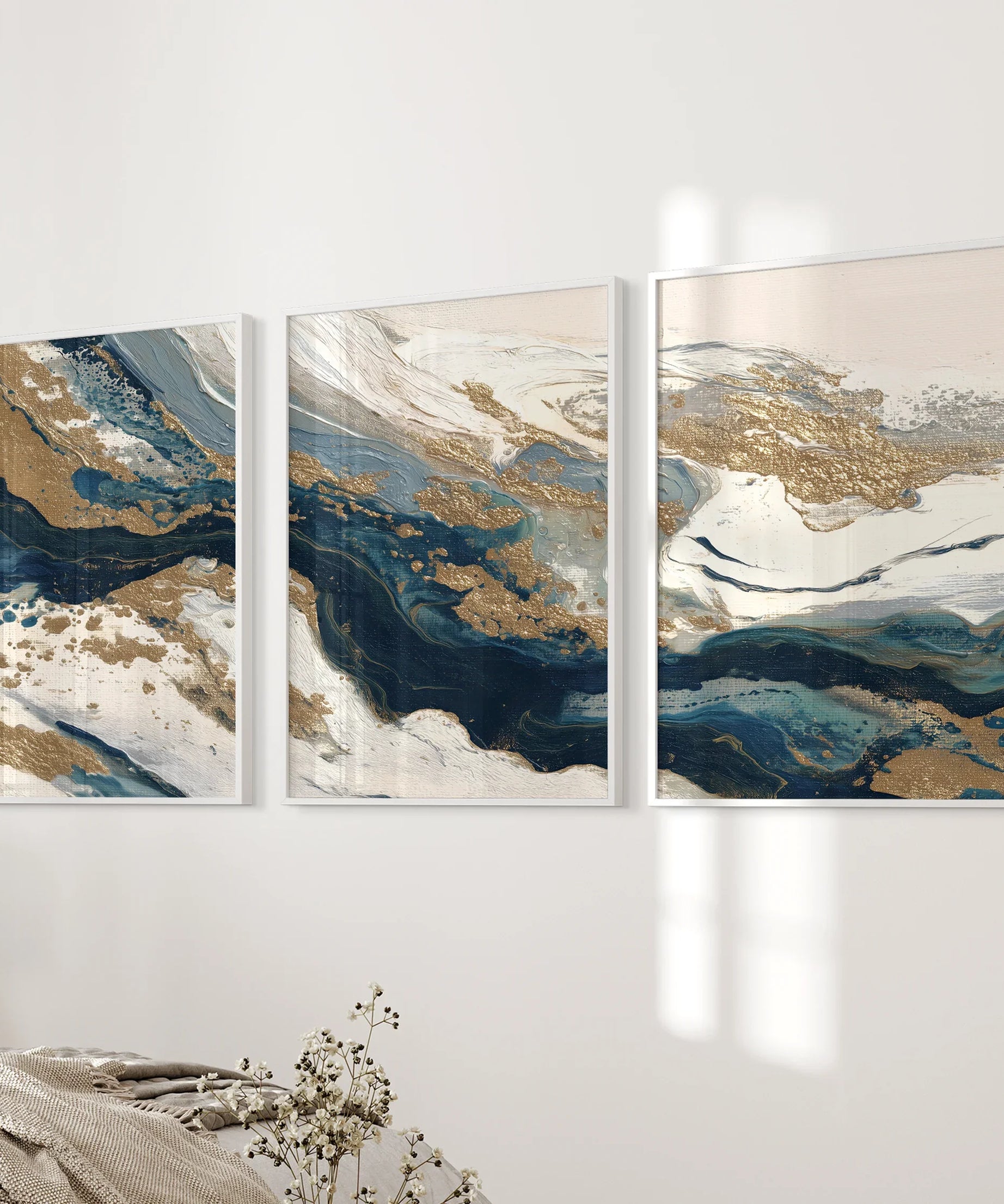 Gold & Blue Brush Strokes. Luxury 3 Piece Abstract Wall Art