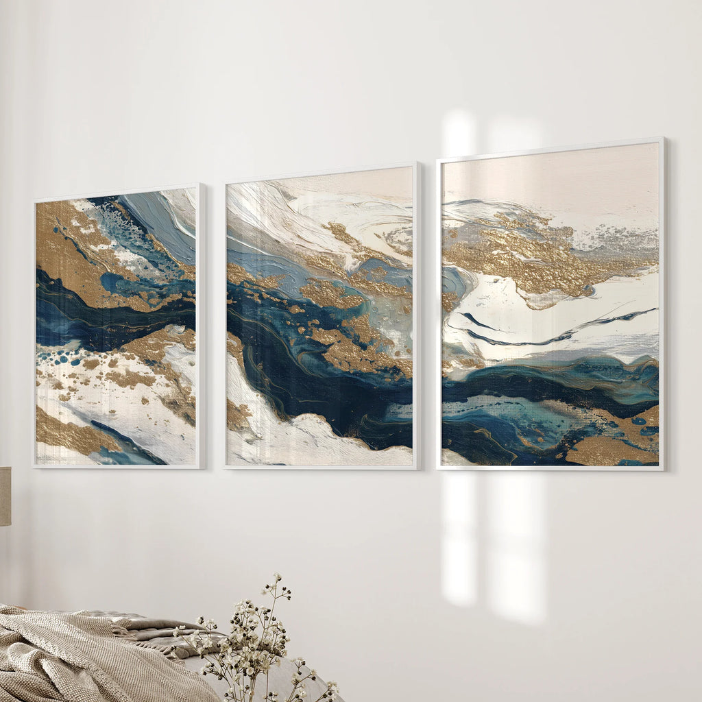 Gold & Blue Brush Strokes. Luxury 3 Piece Abstract Wall Art
