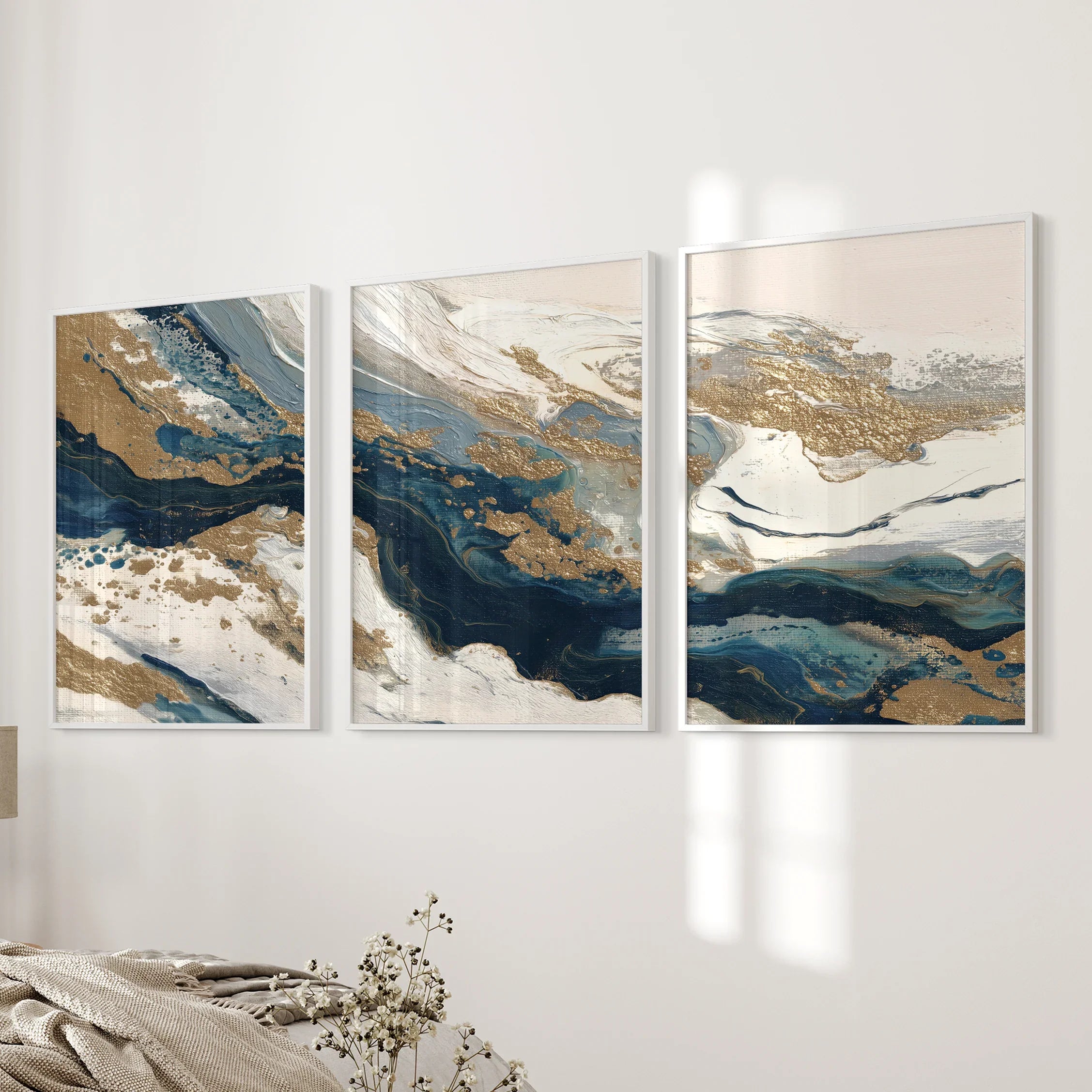 Gold & Blue Brush Strokes. Luxury 3 Piece Abstract Wall Art