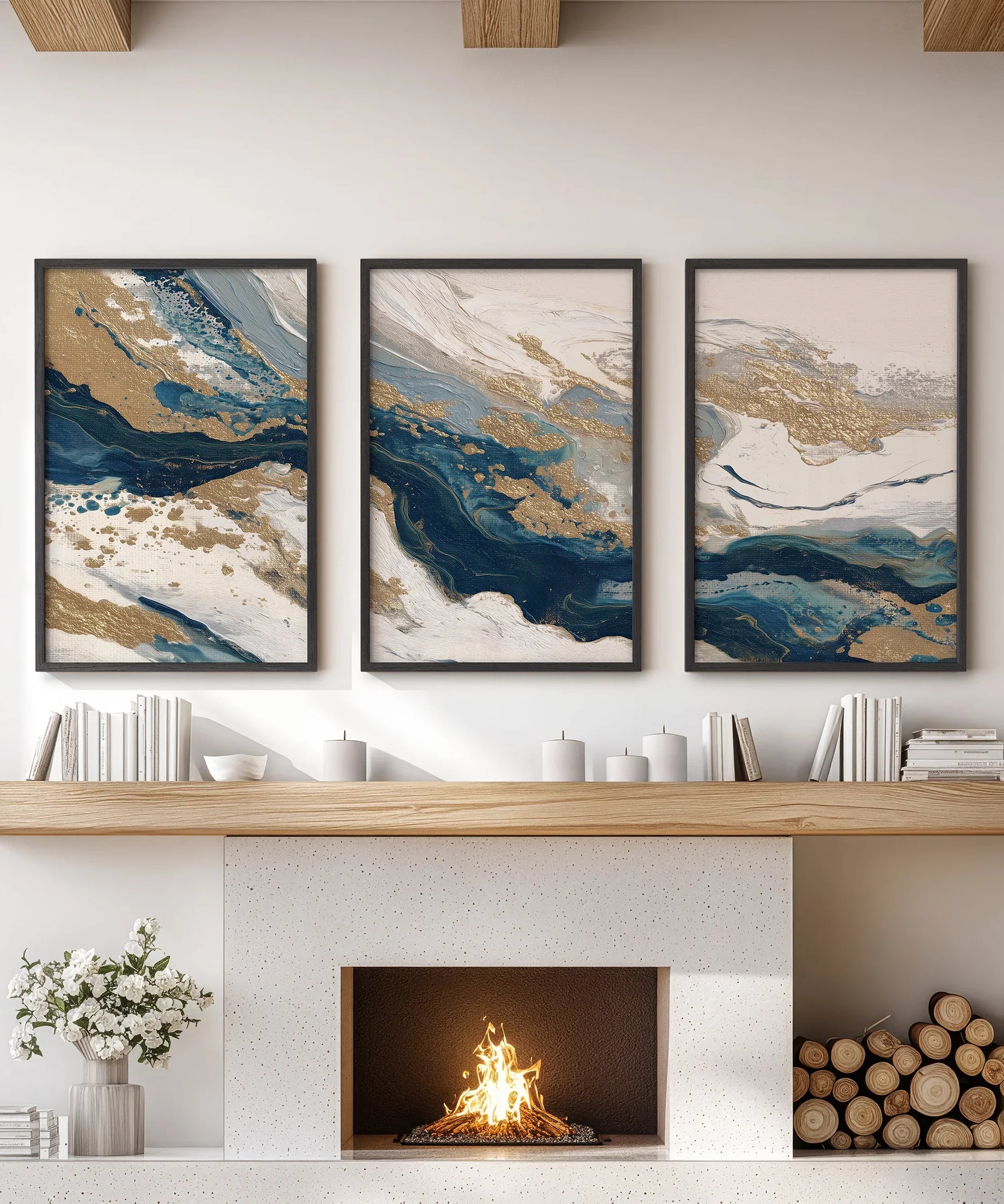 Gold & Blue Brush Strokes. Luxury 3 Piece Abstract Wall Art