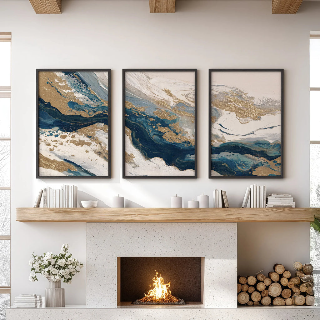 Gold & Blue Brush Strokes. Luxury 3 Piece Abstract Wall Art