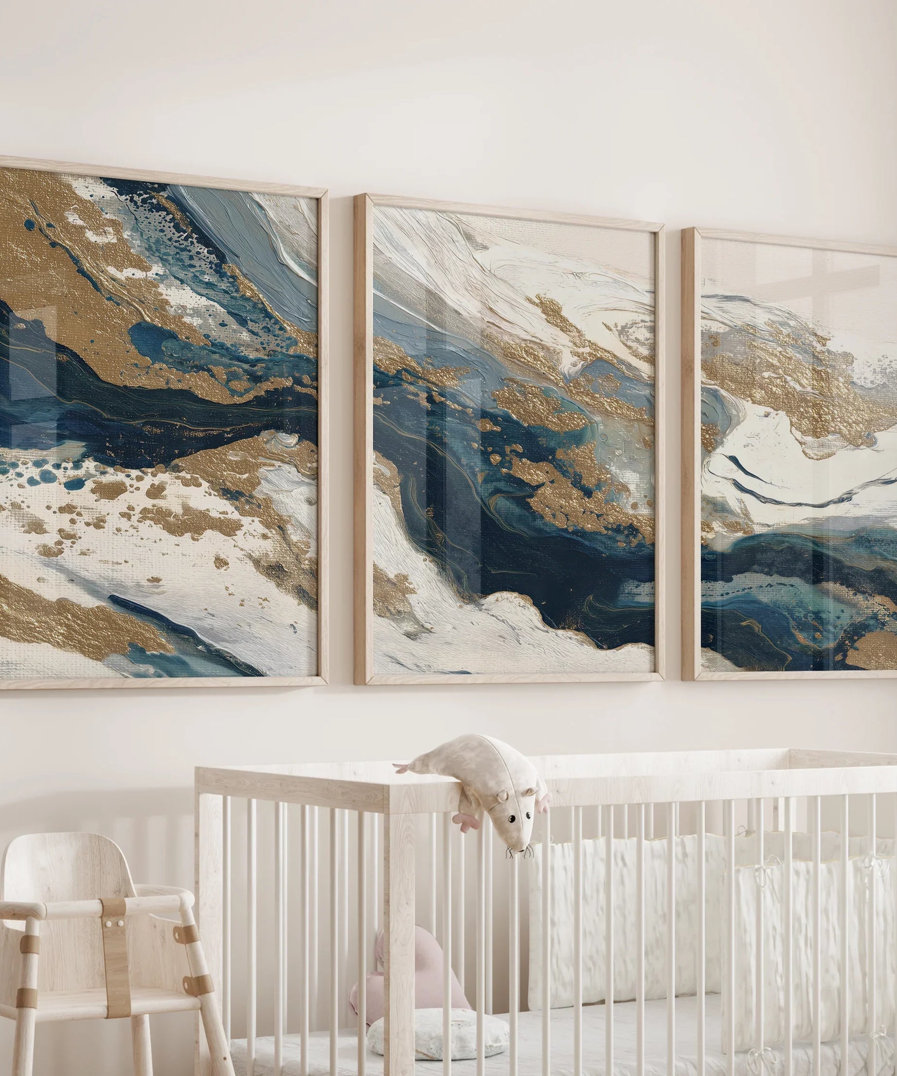 Gold & Blue Brush Strokes. Luxury 3 Piece Abstract Wall Art