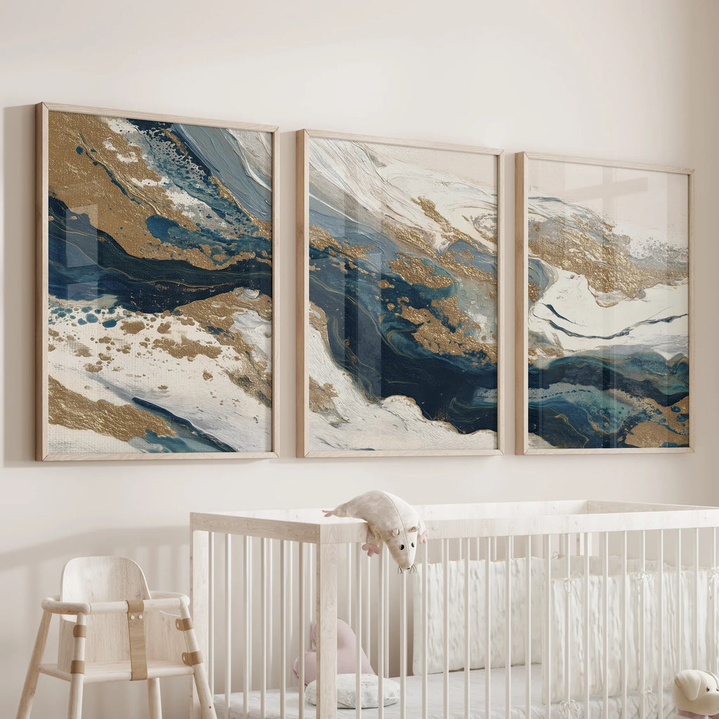 Gold & Blue Brush Strokes. Luxury 3 Piece Abstract Wall Art