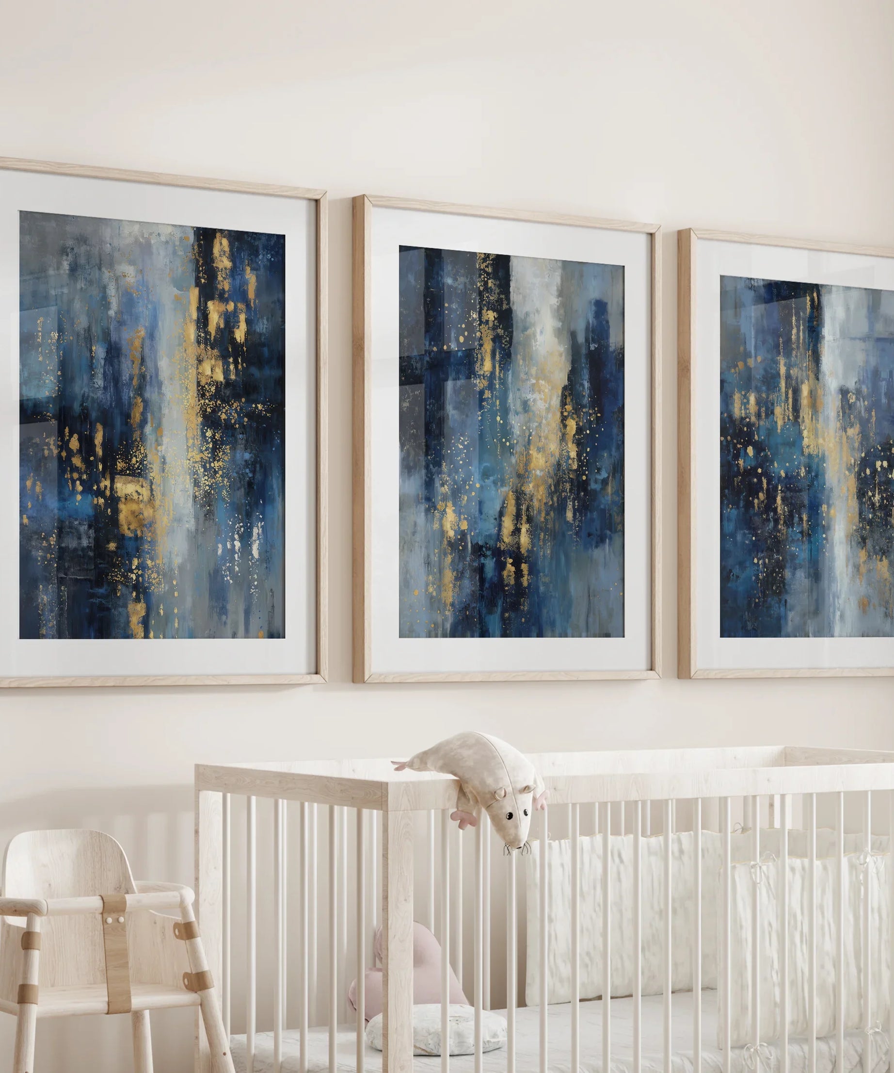 Navy Blue and Gold Triptych. Sparkle Oil Painting Prints