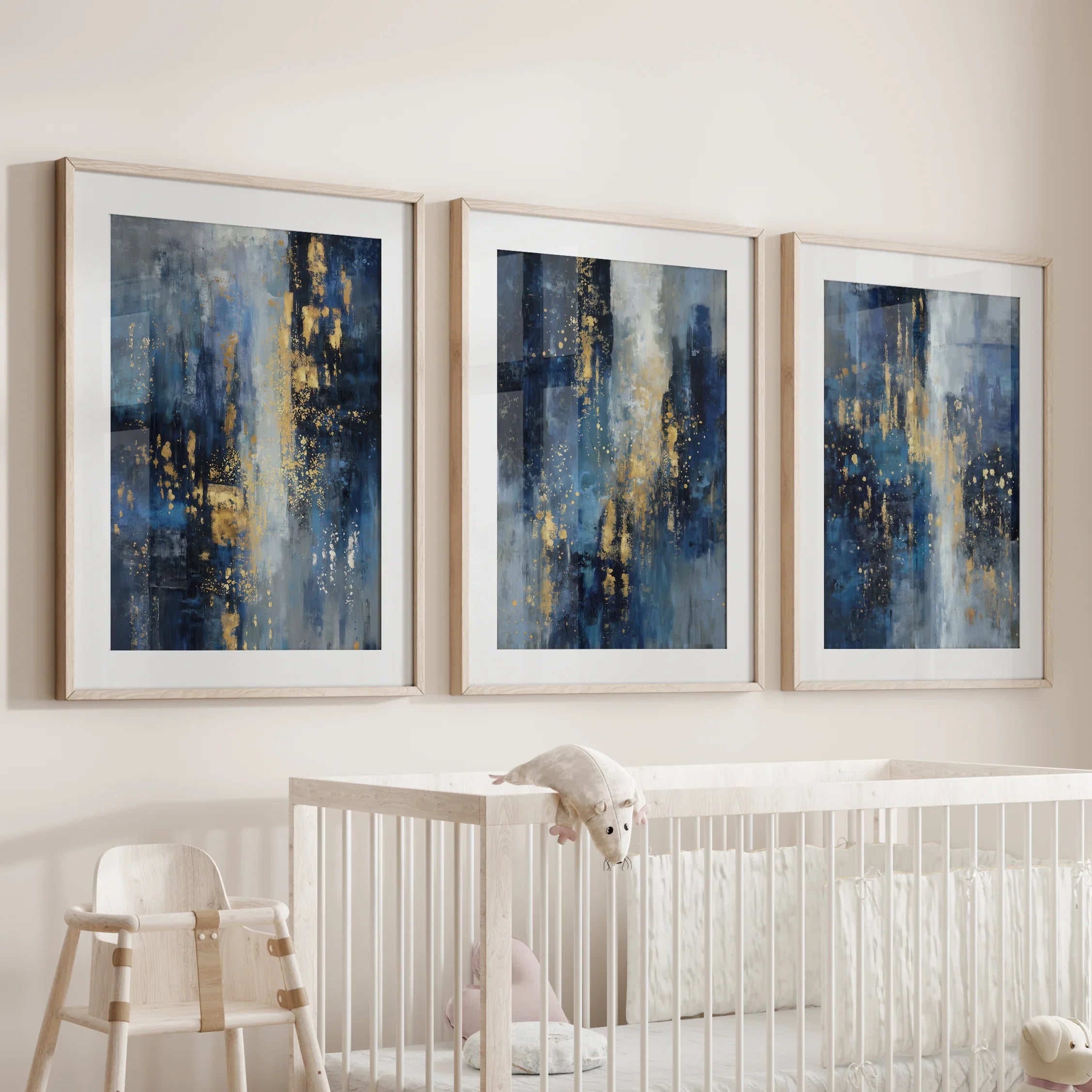 Navy Blue and Gold Triptych. Sparkle Oil Painting Prints