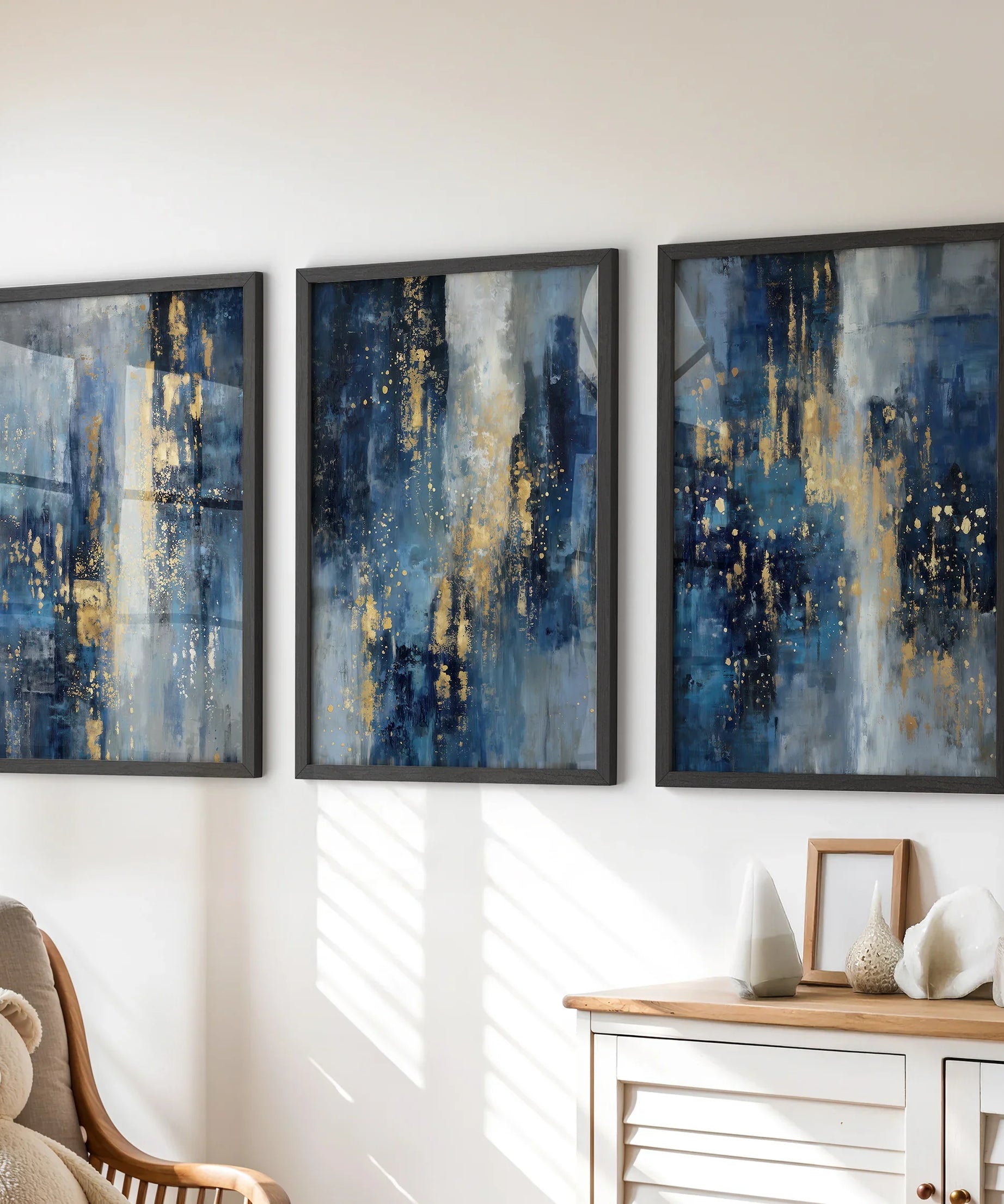 Navy Blue and Gold Triptych. Sparkle Oil Painting Prints