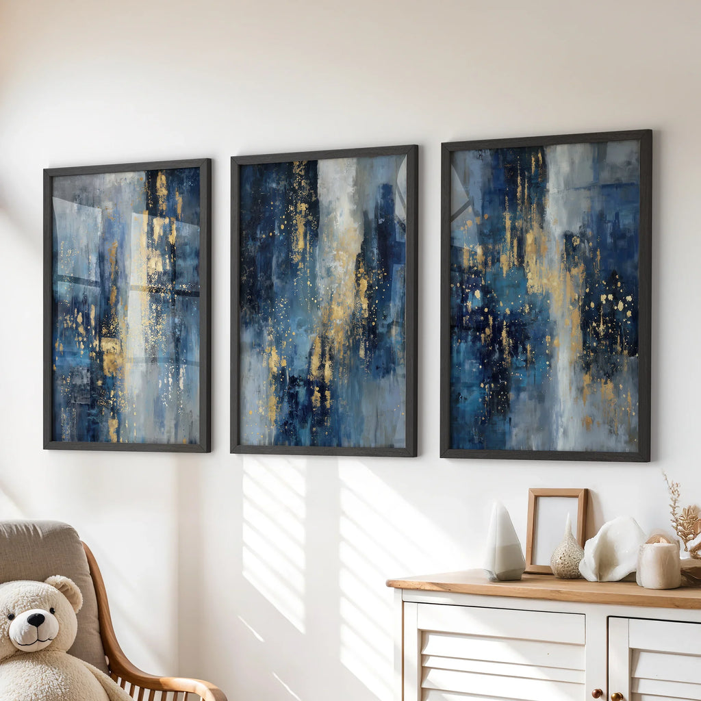 Navy Blue and Gold Triptych. Sparkle Oil Painting Prints