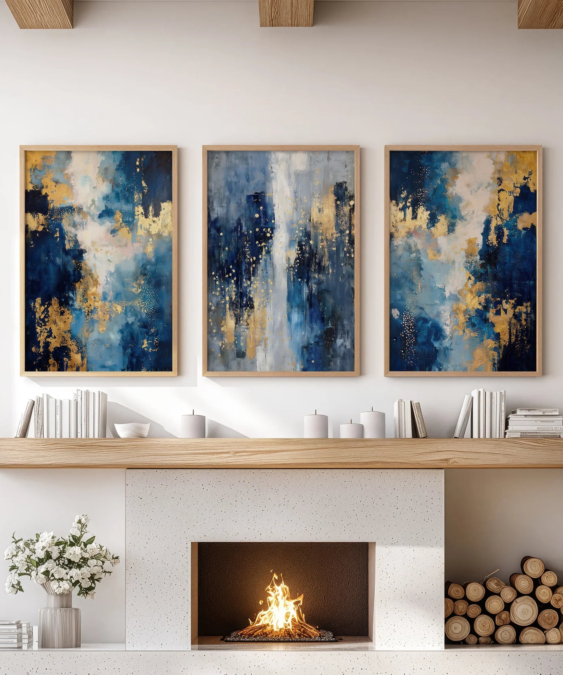 Elegant Navy and Gold Art Set of 3. Contemporary Abstract Prints