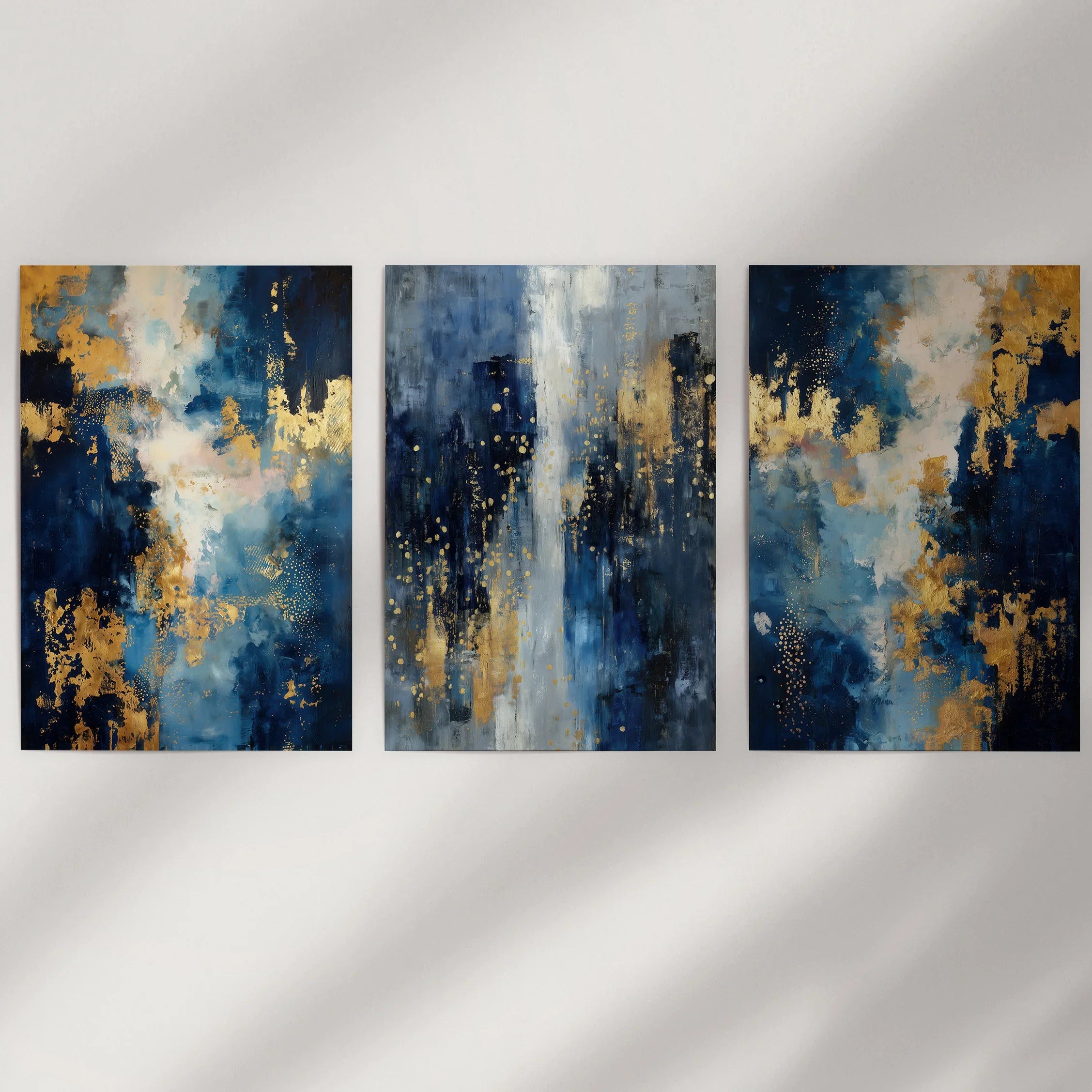 Elegant Navy and Gold Art Set of 3. Contemporary Abstract Prints