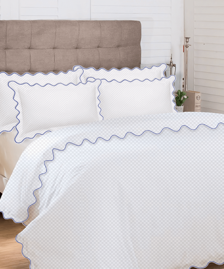 400TC Cotton Scallop Embroidery Sateen Microcheck Duvet Cover Set