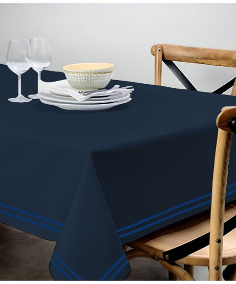 Double Embroidery Border Sateen Cotton Solid Table Cloth - Navy