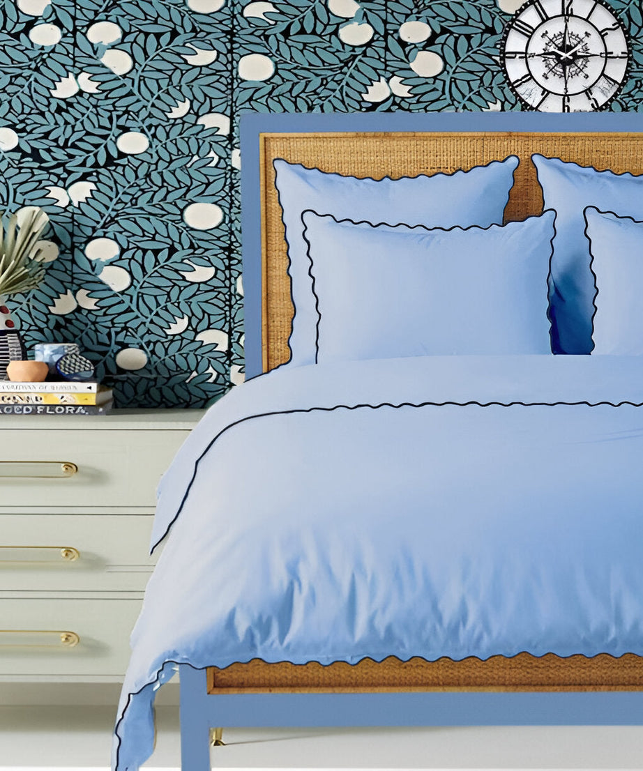 Light Blue 400TC Cotton Small Scallop Embroidery Duvet Cover Set