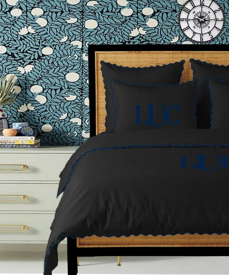 Monogram Black 400TC Cotton Small Scallop Embroidery Duvet Cover Set