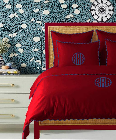 Monogram Burgundy 400TC Cotton Small Scallop Embroidery Duvet Cover Set