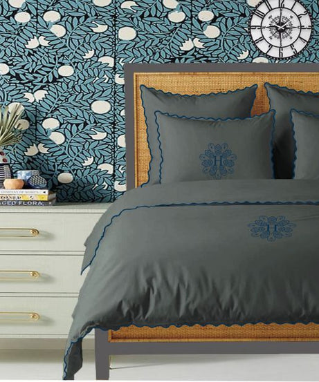 Monogram Dark Grey 400TC Cotton Small Scallop Embroidery Duvet Cover Set