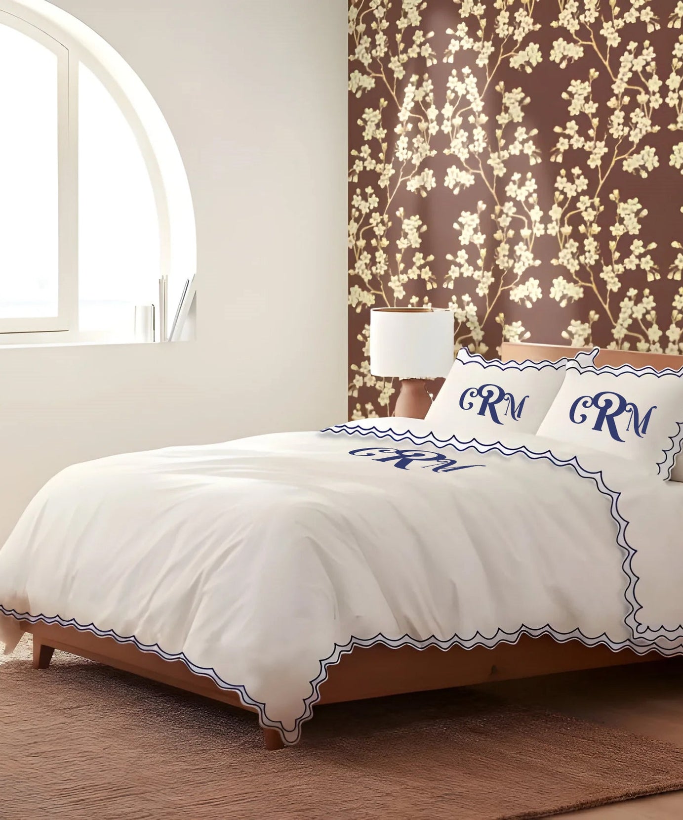 Monogram 400TC Cotton Sateen Double Scallop Embroidery Duvet Cover Set