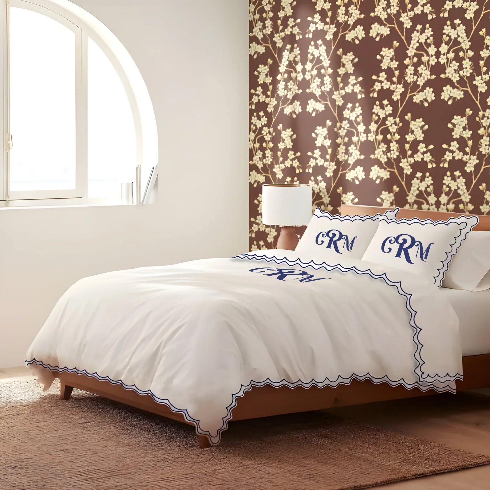 Monogram 400TC Cotton Sateen Double Scallop Embroidery Duvet Cover Set